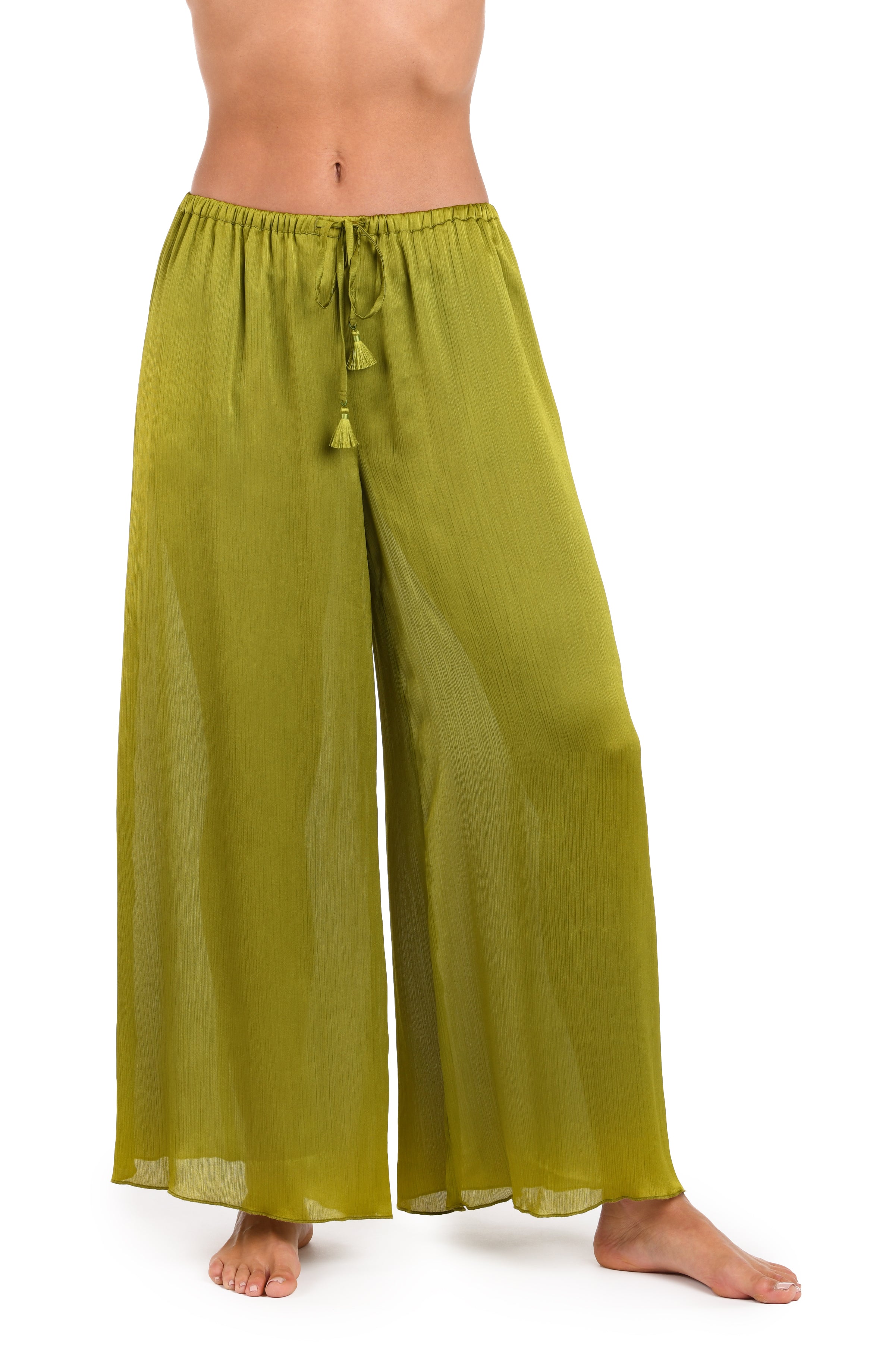 Olive green wide-leg pants on a white background