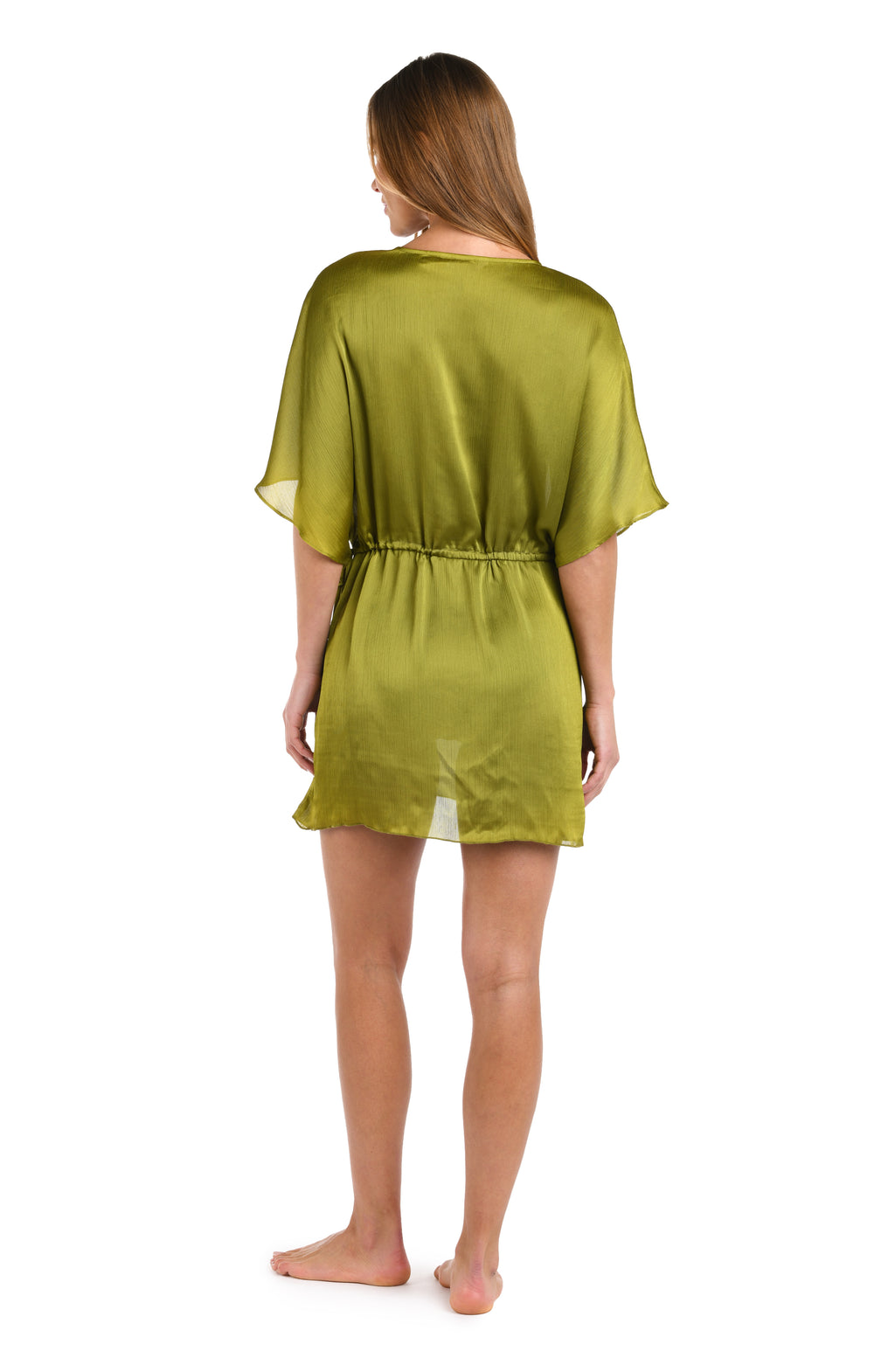 Woman wearing a solid olive v-neck tunic cover up.
