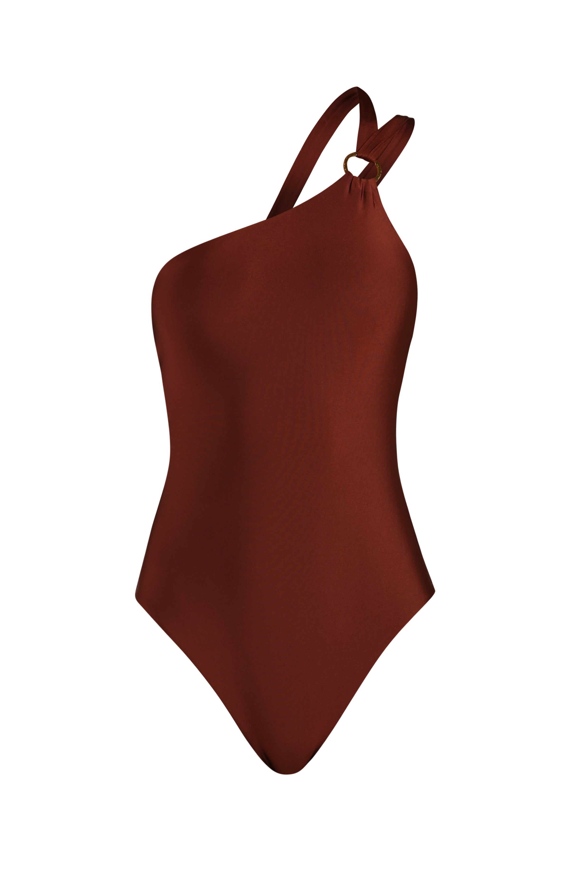 Mahogany one-shoulder swimsuit on a white background