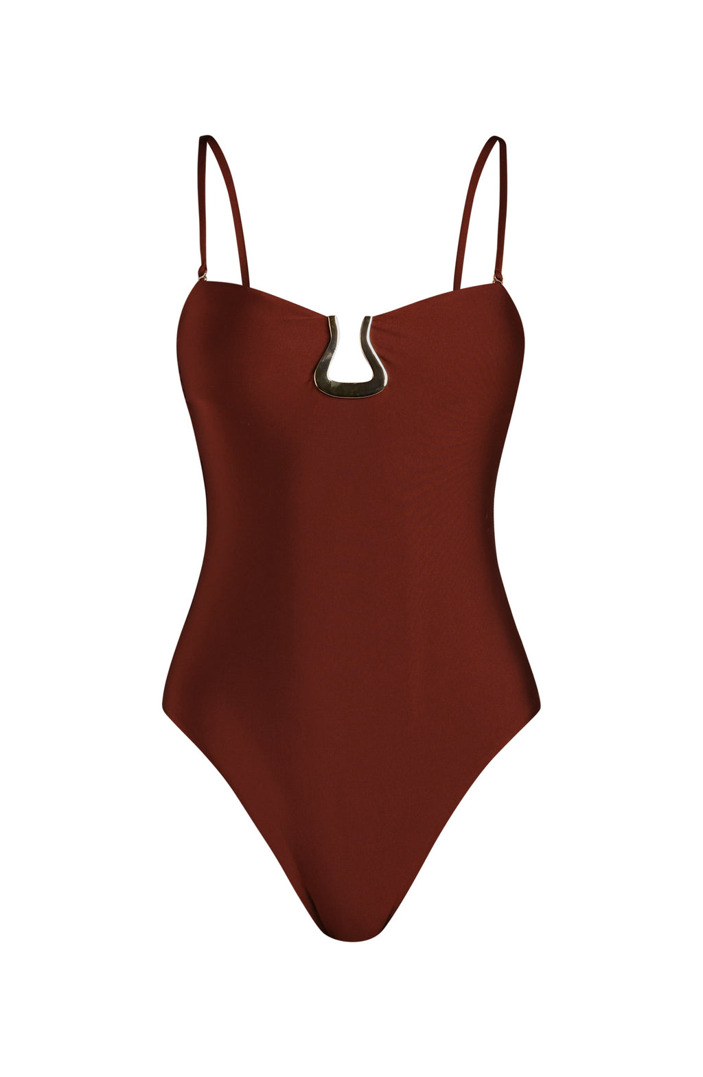 Mahogany swimsuit with thin straps on a white background