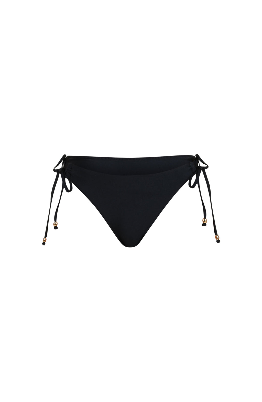 Floating image of solid black bikini bottoms with adjustable side  ties featuring gold dipped ends. 
