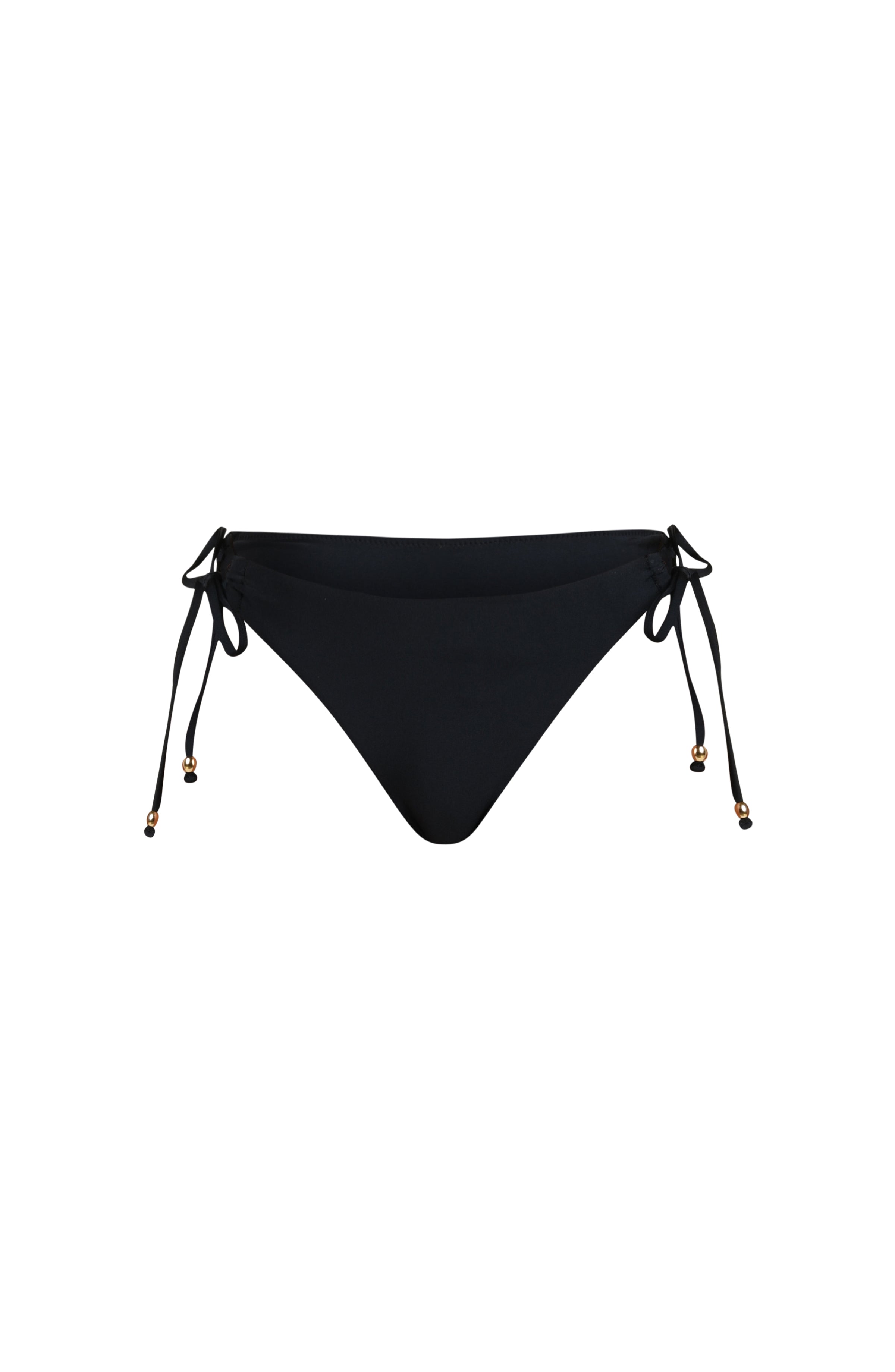 Floating image of solid black bikini bottoms with adjustable side  ties featuring gold dipped ends. 
