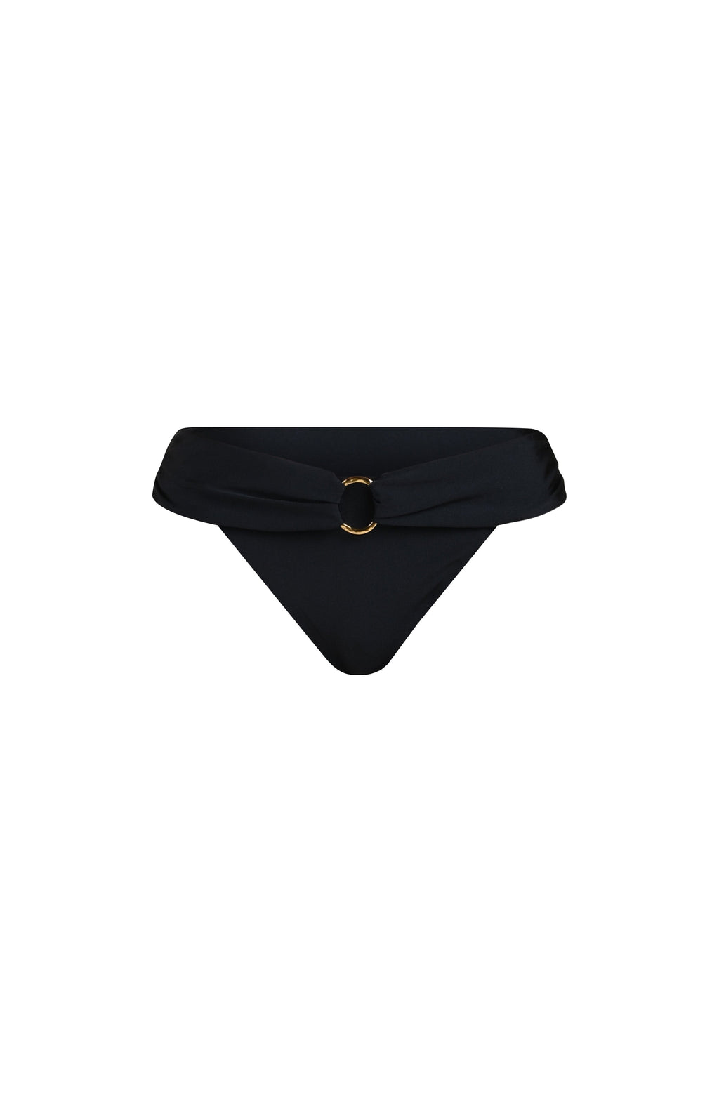 Floating image of a solid black bikini bottom with a wide waistband and gold ring detail at the front. 