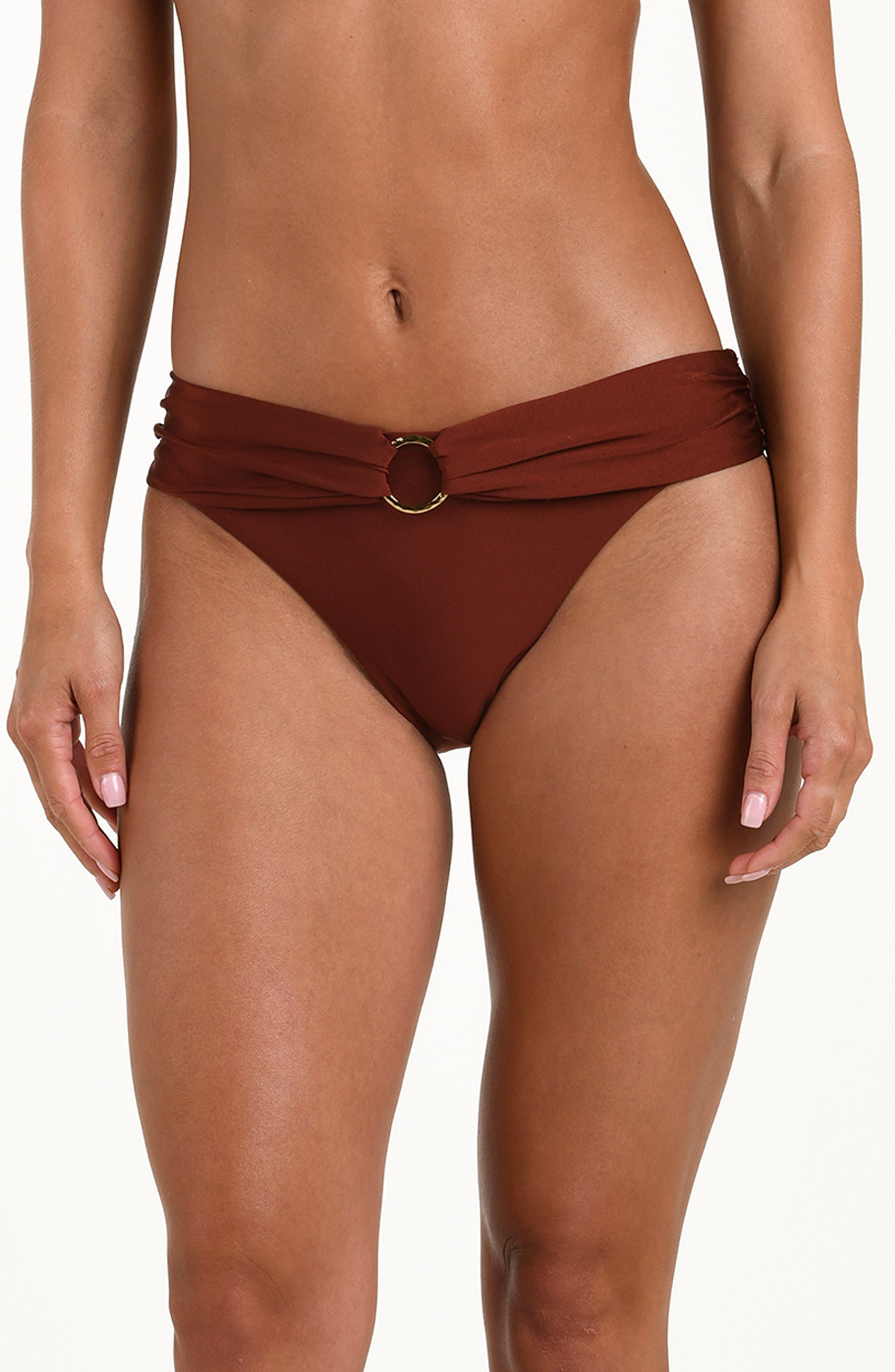 Mahogany bikini bottom with a ring detail on a white background