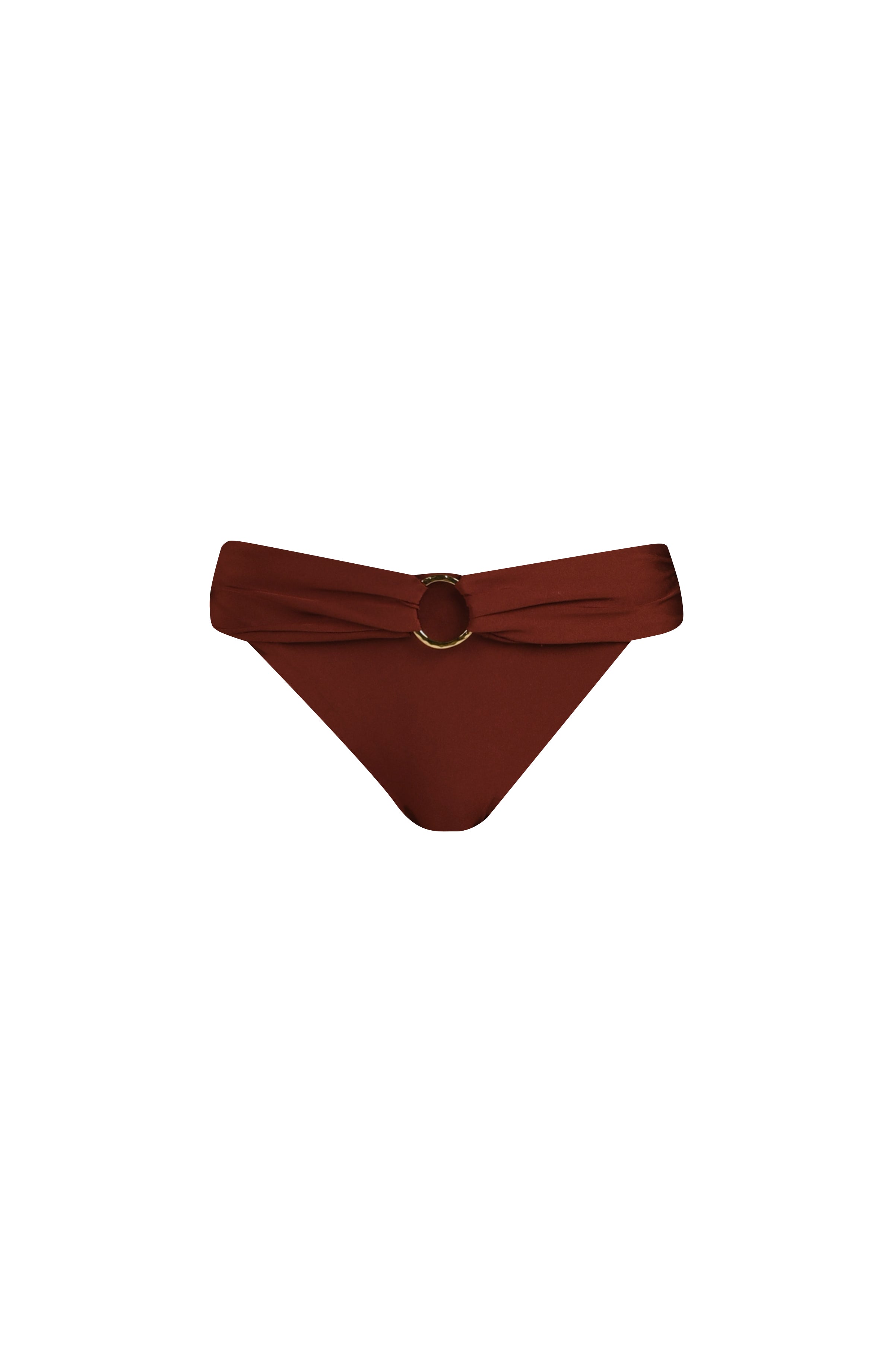 Mahogany  bikini bottom with a gold ring on a white background
