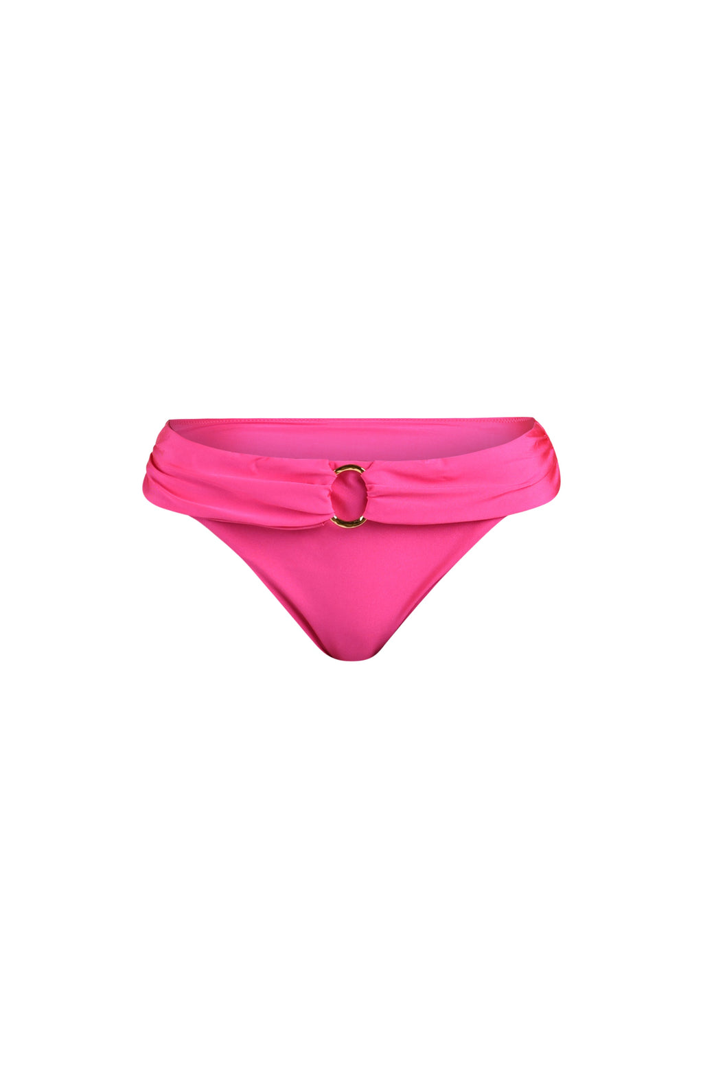 Floating image of a bright pink bikini bottom with a wide waistband and gold ring detail at the front. 