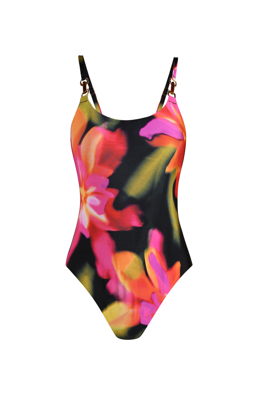 Floating image of a One-piece swimsuit with a scoop neckline, and gold ring accents on the straps featuring a bright floral print.