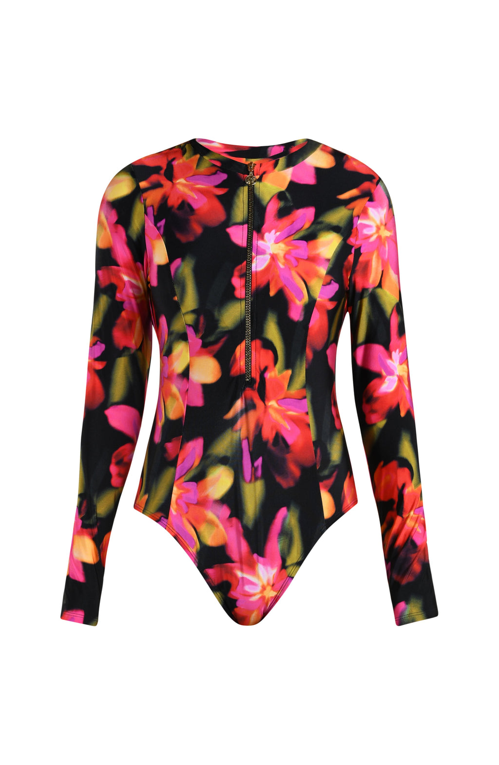 Floating image of a long sleeve paddle suit one piece featuring a zipper front, in a multicolored floral print.