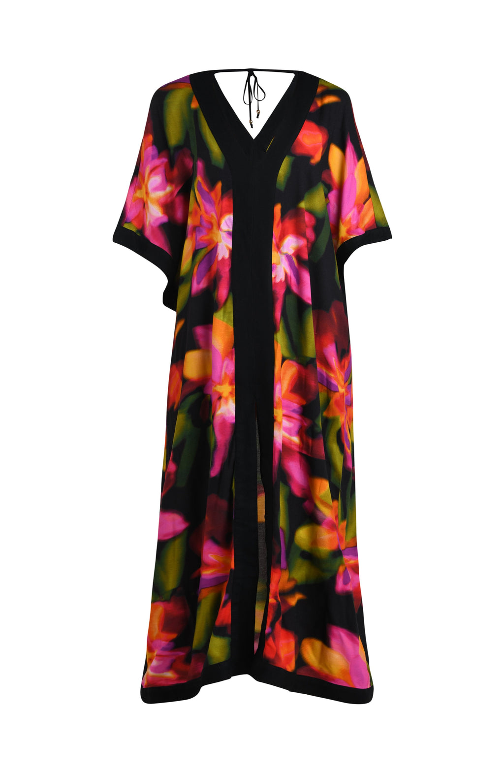 Floating image of a long maxi dress-style cover-up featuring a deep V-neckline and vibrant oversized floral print. 