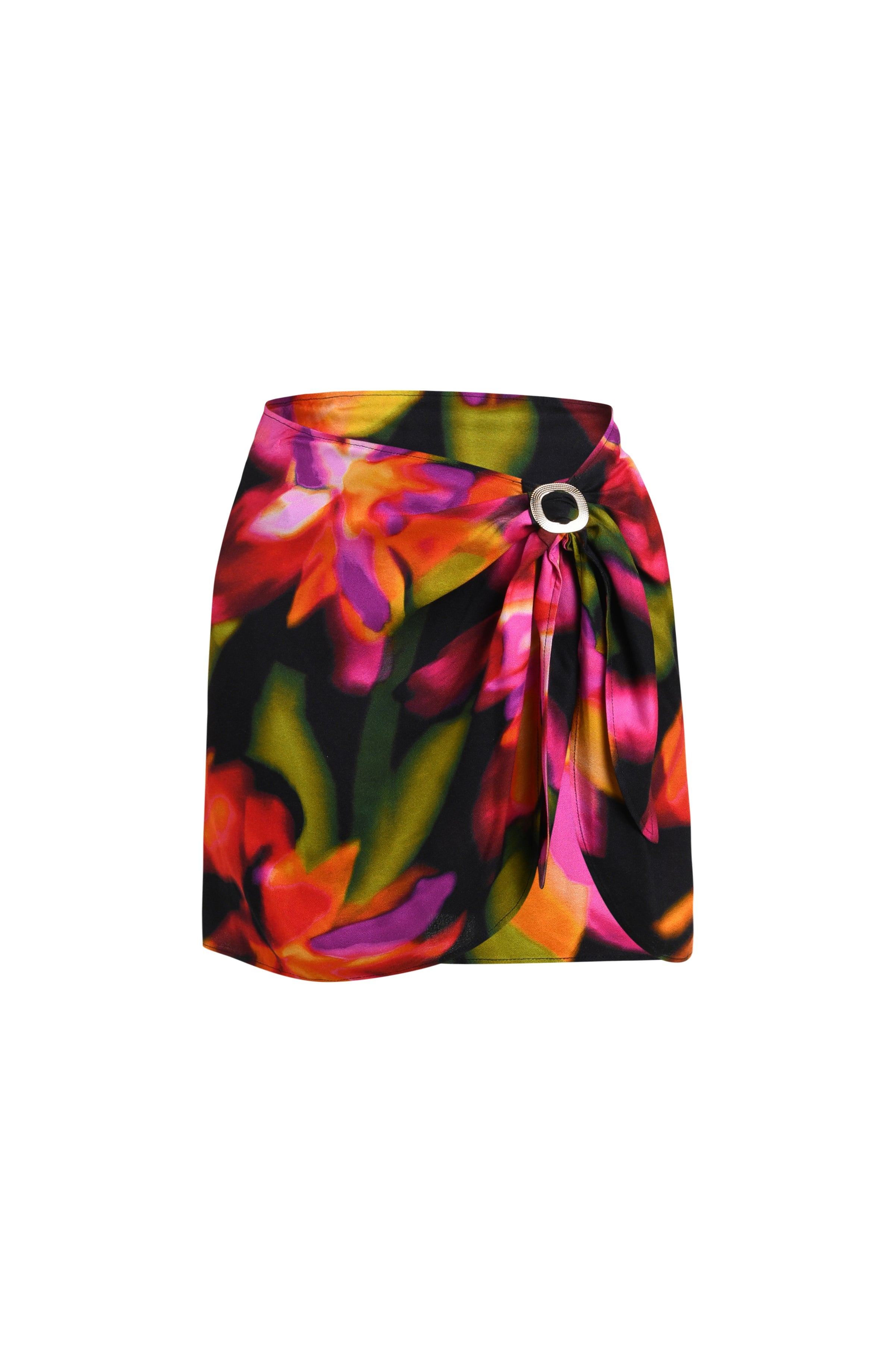 Floating image of a short pareo cover up with a gold slider, featuring a bright floral print.