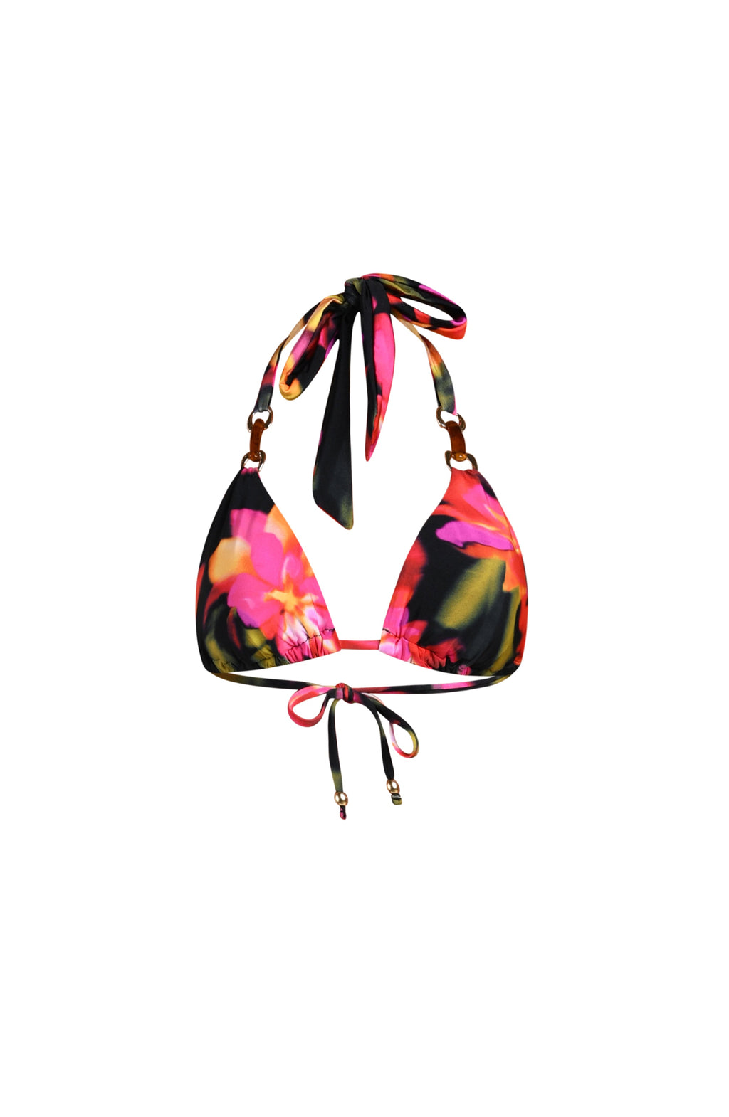 Floating image of a halter bikini top with triangle cups featuring a multicolored floral print, accented with tortoiseshell rings at the straps.