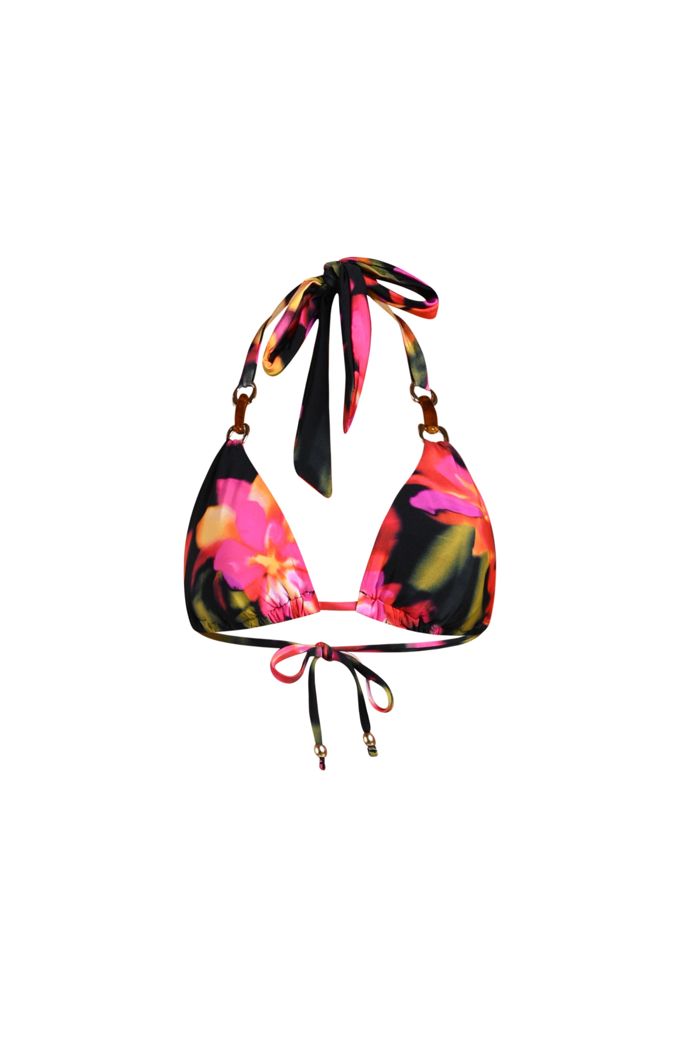 Floating image of a halter bikini top with triangle cups featuring a multicolored floral print, accented with tortoiseshell rings at the straps.