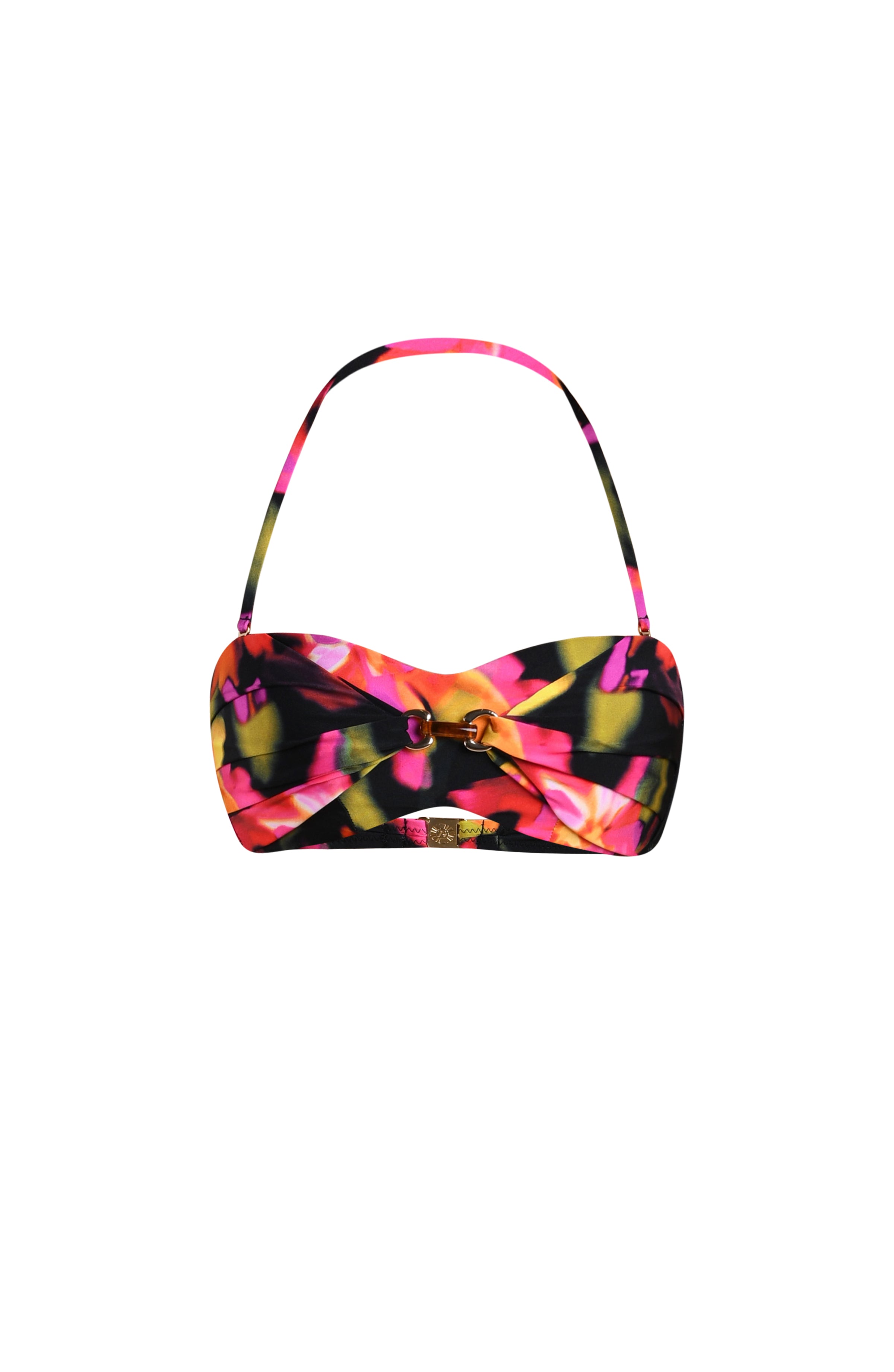 Floating image of a bandeau bikini top with a removable halter strap, twist front design, and gold ring accent at the center, featuring a multicolored floral print.