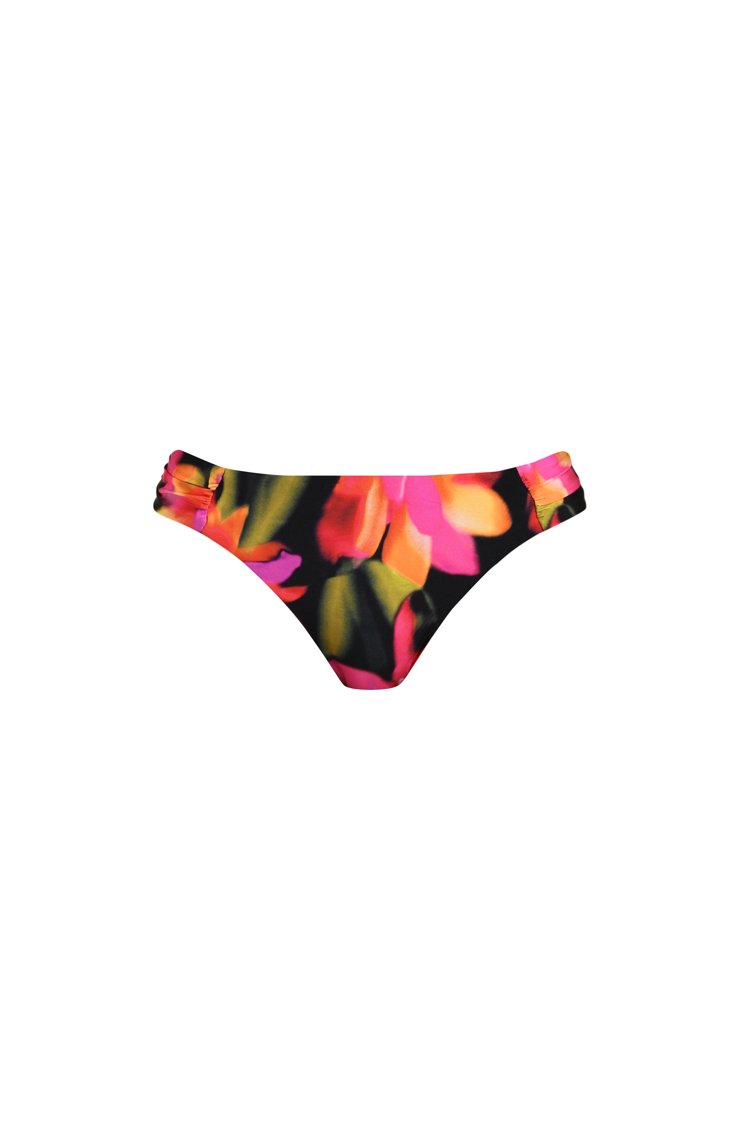 Floating image of bikini bottoms with side ruching and moderate coverage in a multicolored floral print.