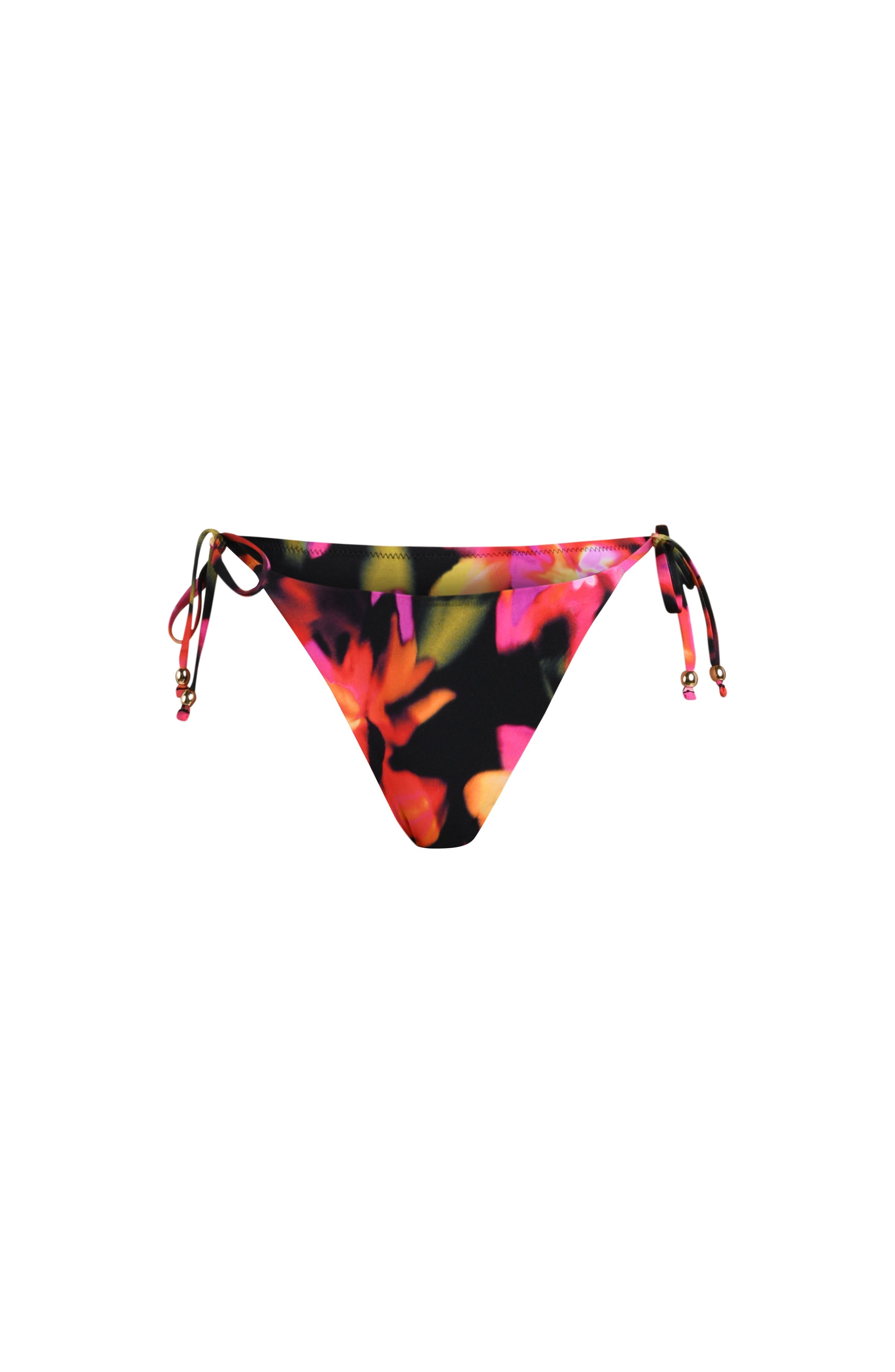 Floating image of bikini bottoms with side tie detail and contemporary coverage in a multicolored floral print.