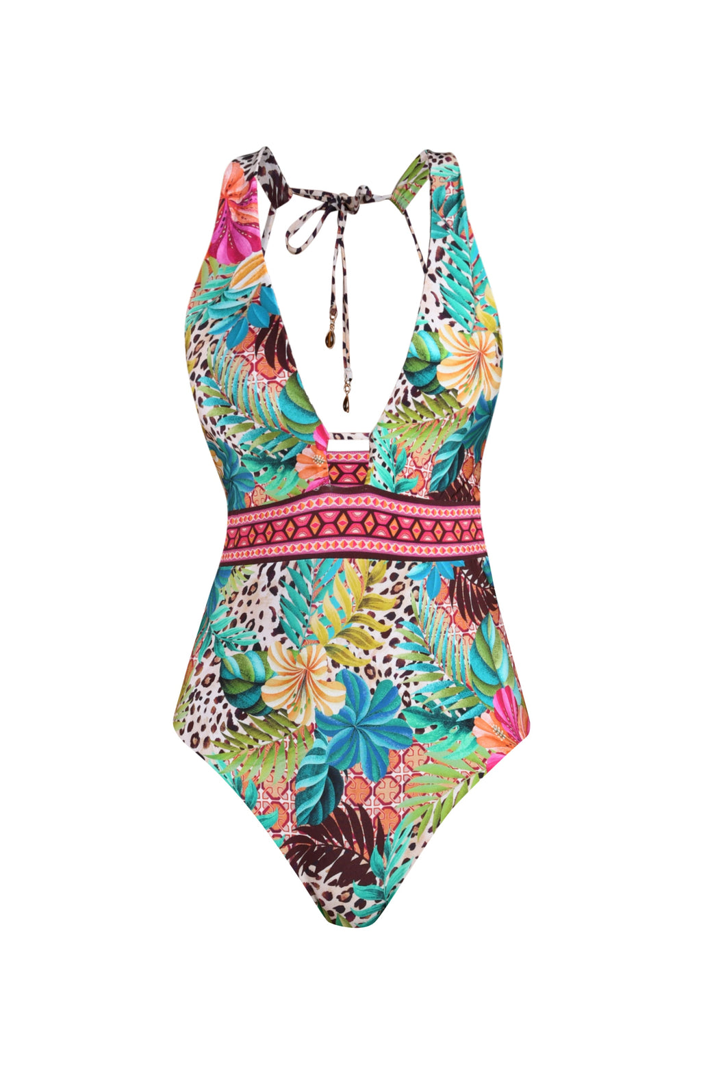 Multicolored floral one-piece swimsuit on a white background
