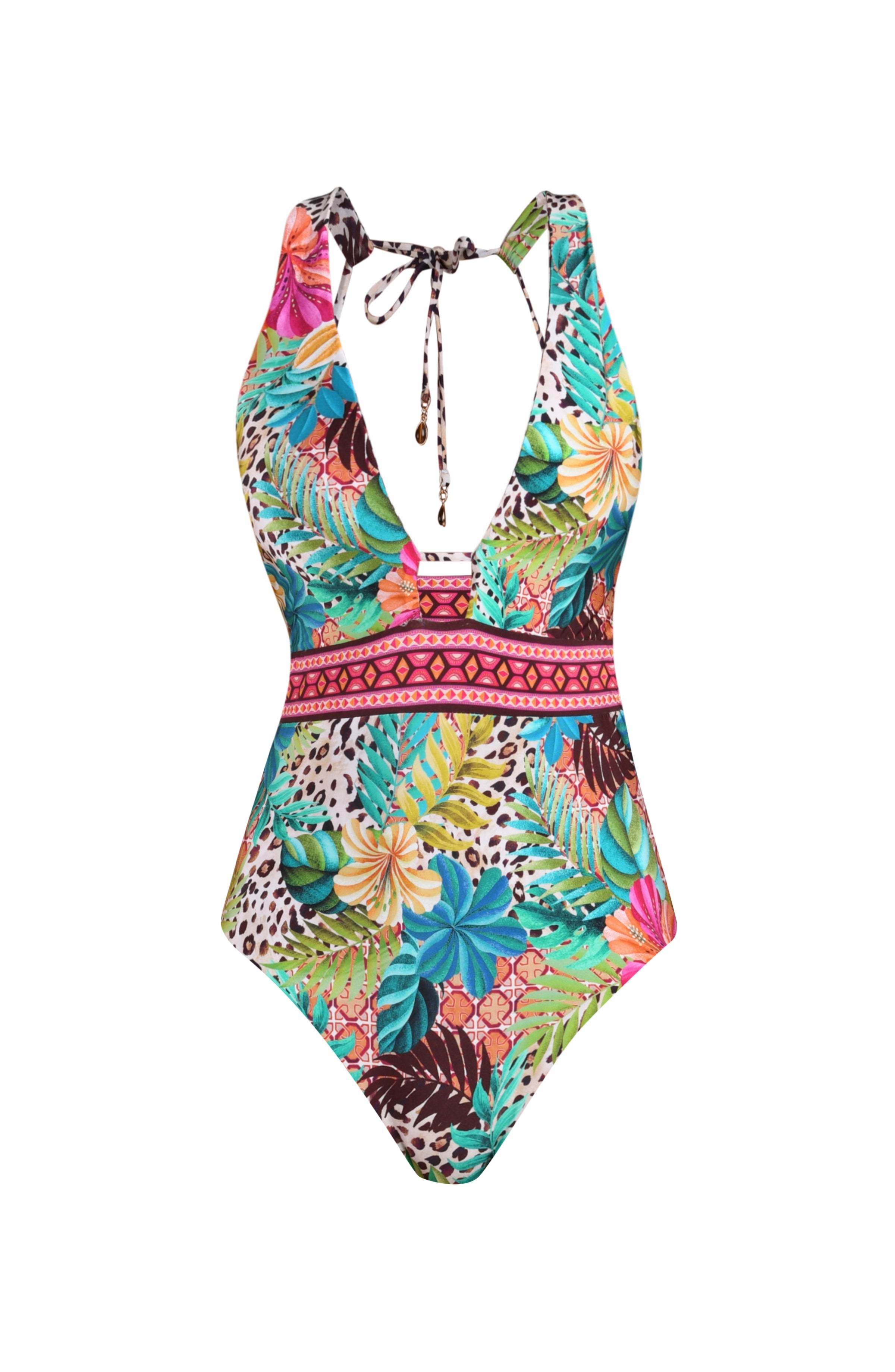 Multicolored floral one-piece swimsuit on a white background