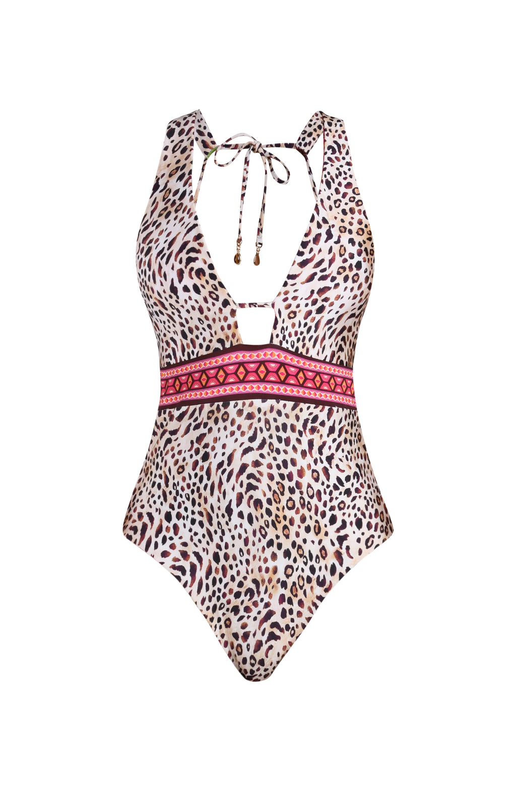 Leopard print swimsuit with a pink waistband on a white background