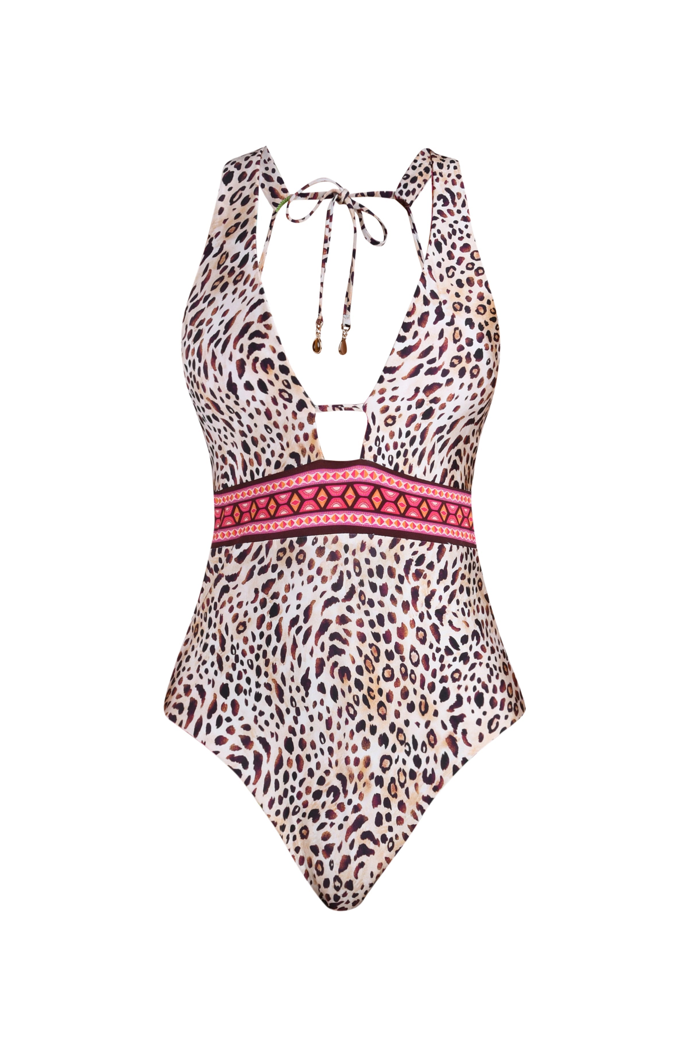Leopard print swimsuit with a pink waistband on a white background