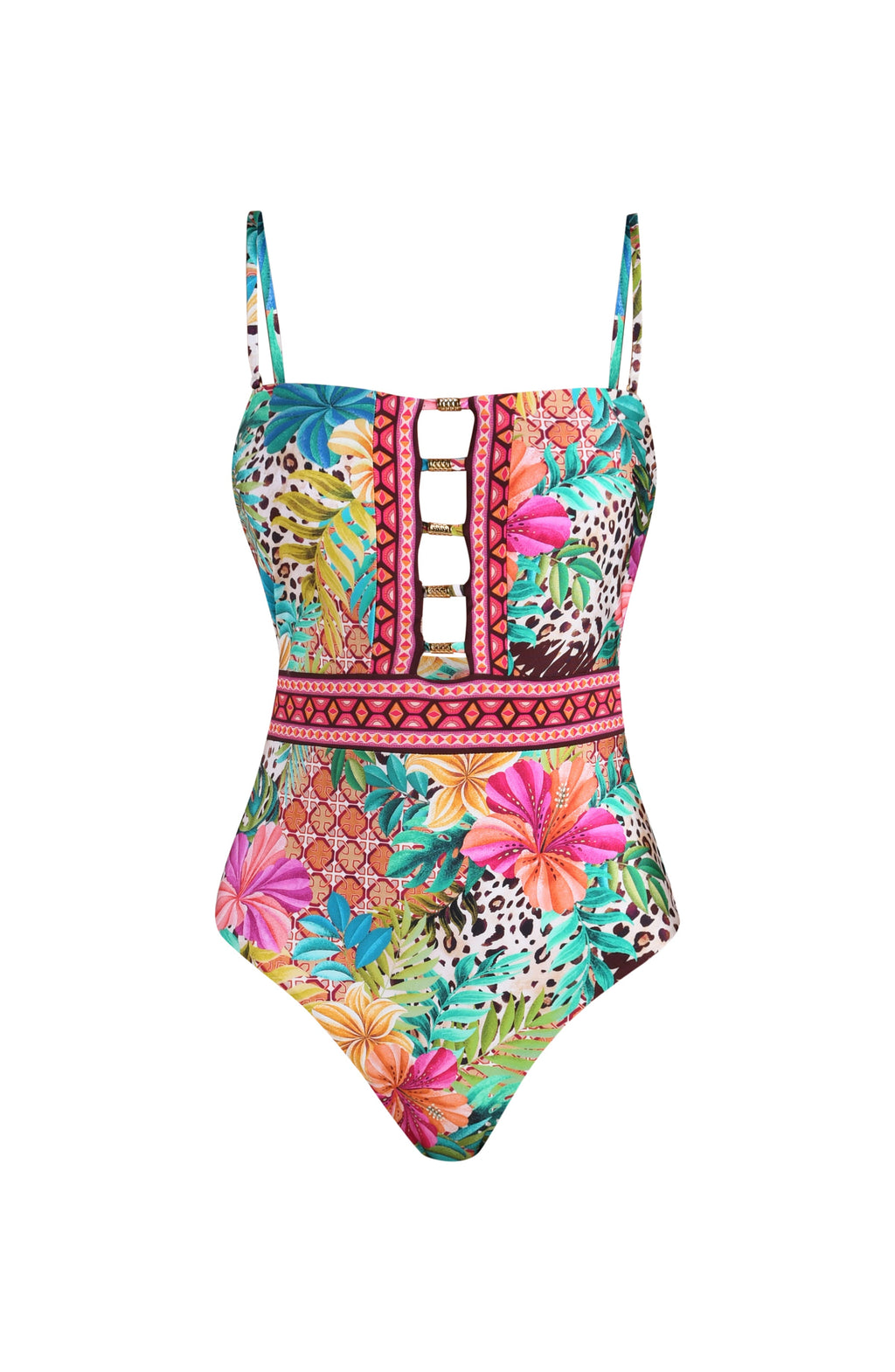 Multicolored floral one-piece swimsuit on a white background