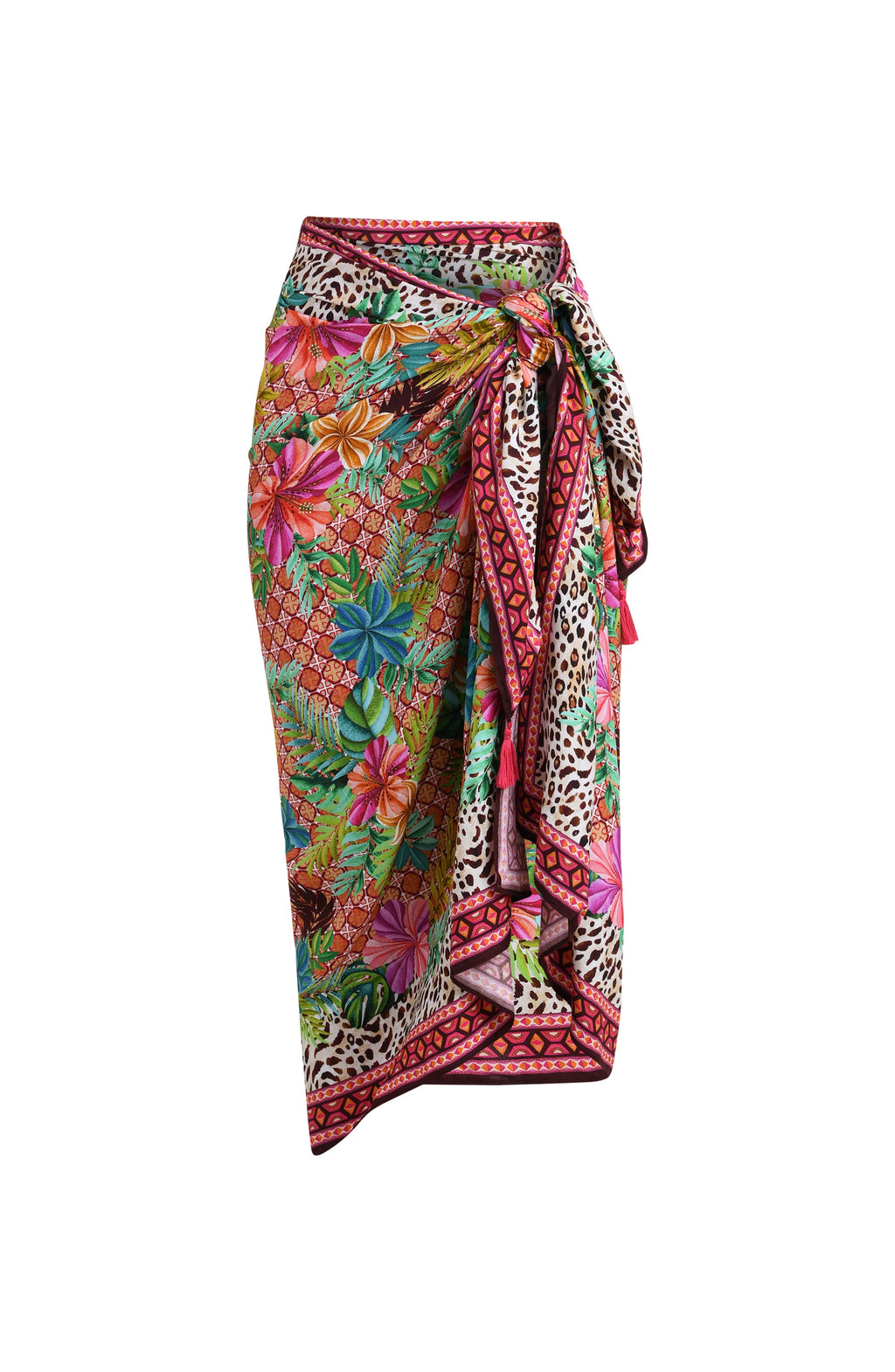 Woman wearing a colorful floral sarong on a white background