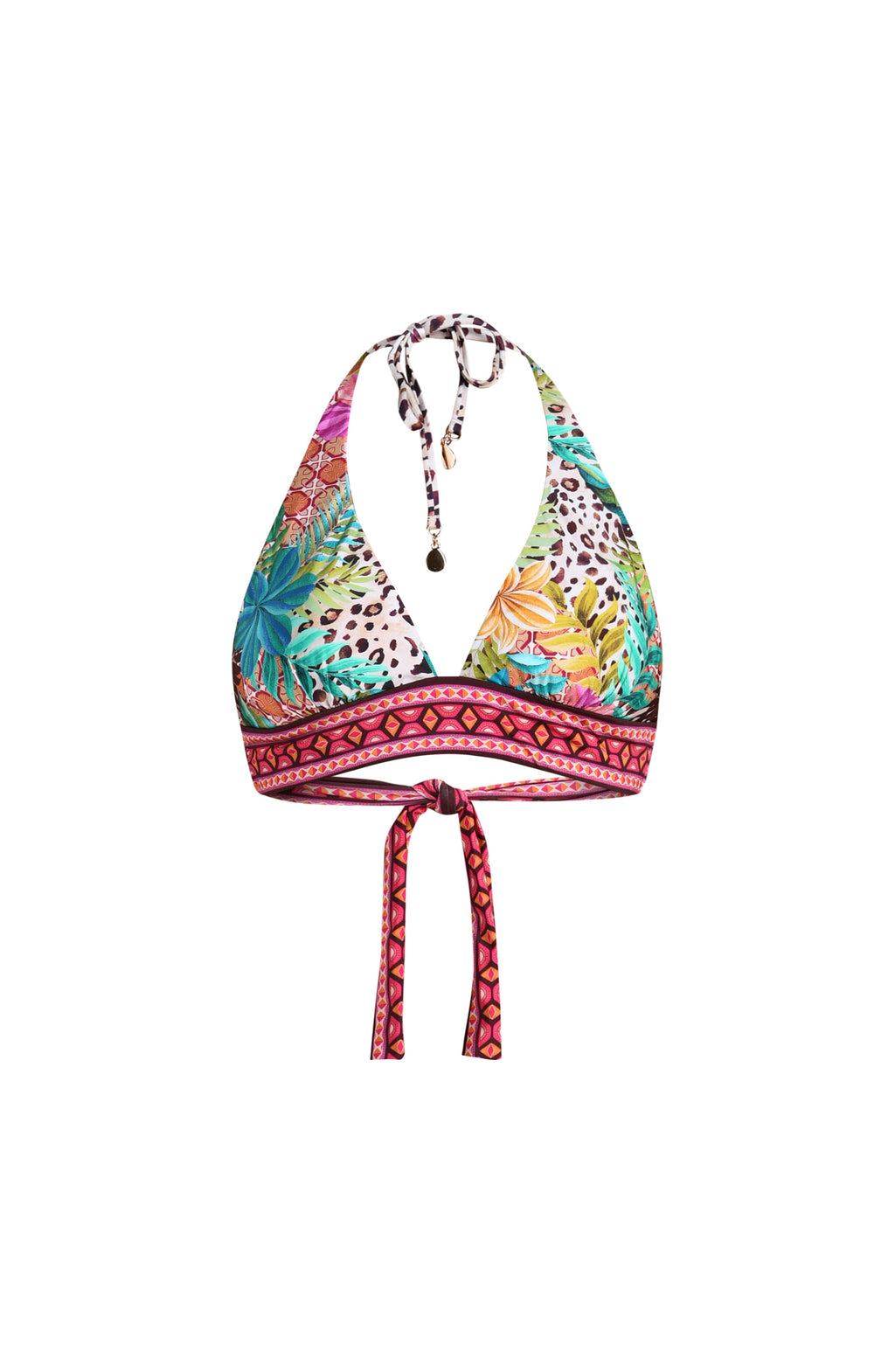 Colorful bikini top with floral and geometric patterns on a white background