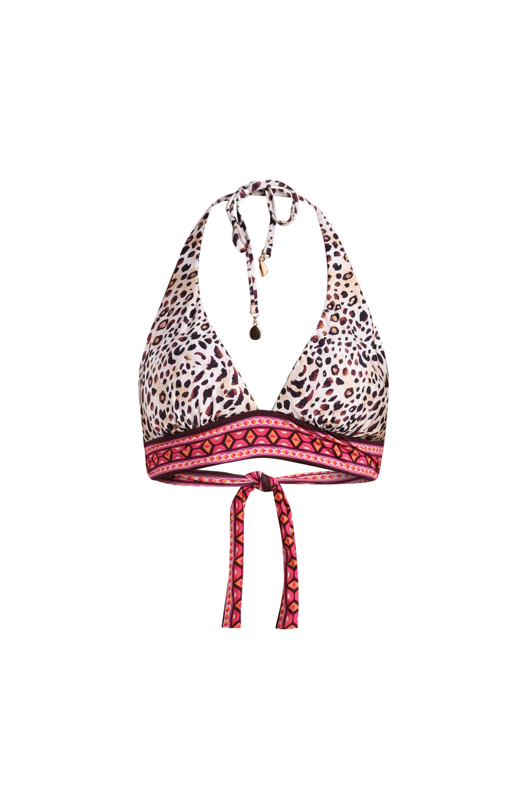 Leopard print bikini top with pink accents on a white background
