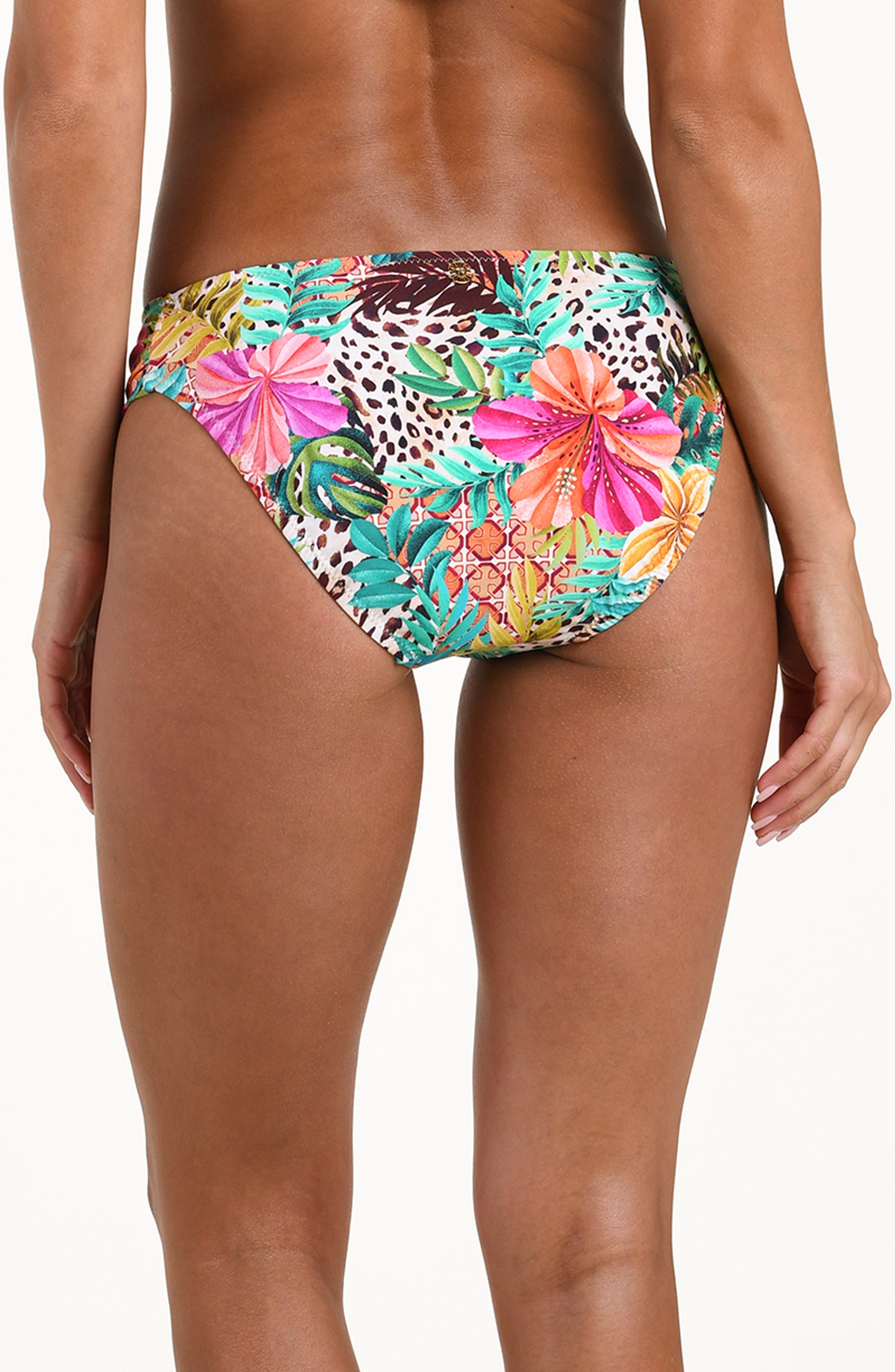 Colorful floral and animal print bikini bottom on a white background