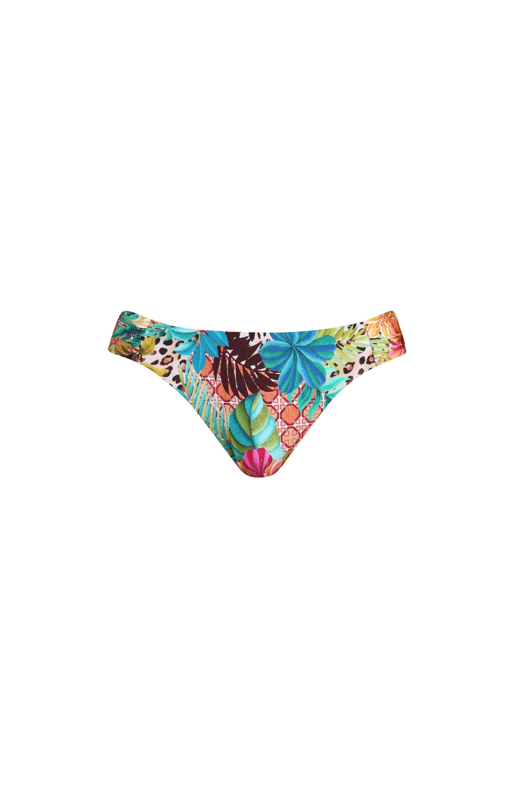 Colorful bikini bottom with floral pattern on a white background
