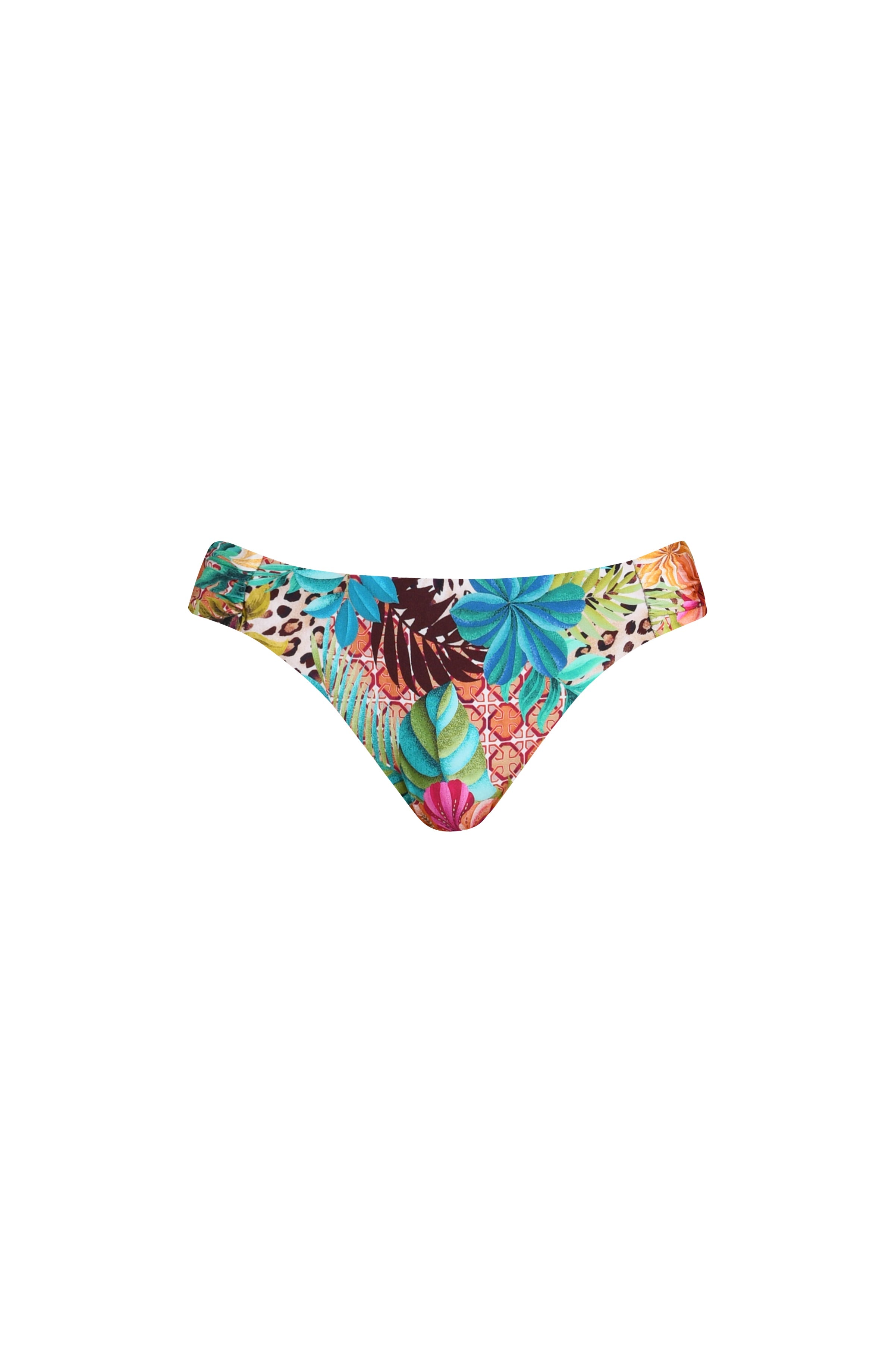 Colorful bikini bottom with floral pattern on a white background
