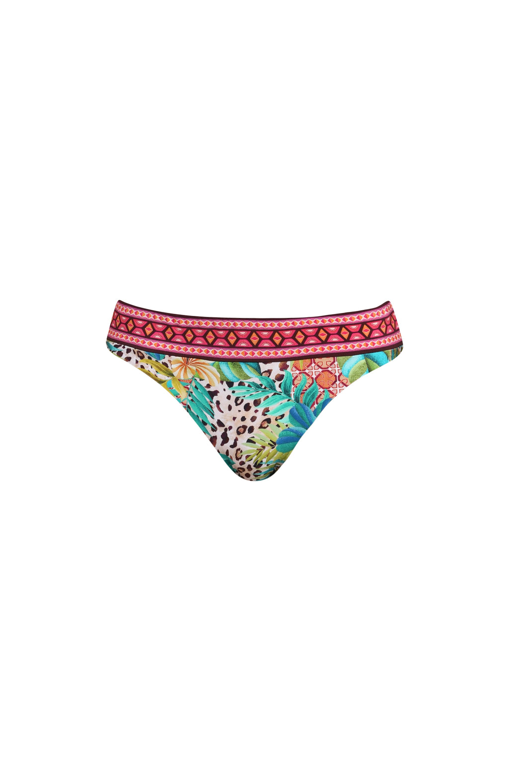 Colorful bikini bottom with geometric pattern on a white background