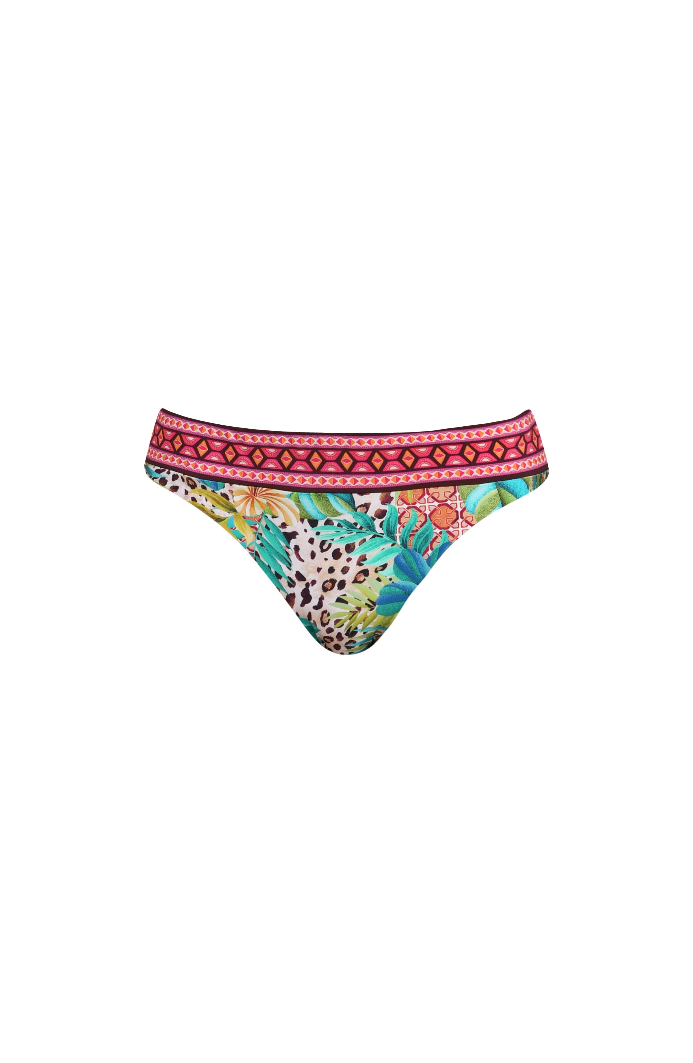 Colorful bikini bottom with geometric pattern on a white background