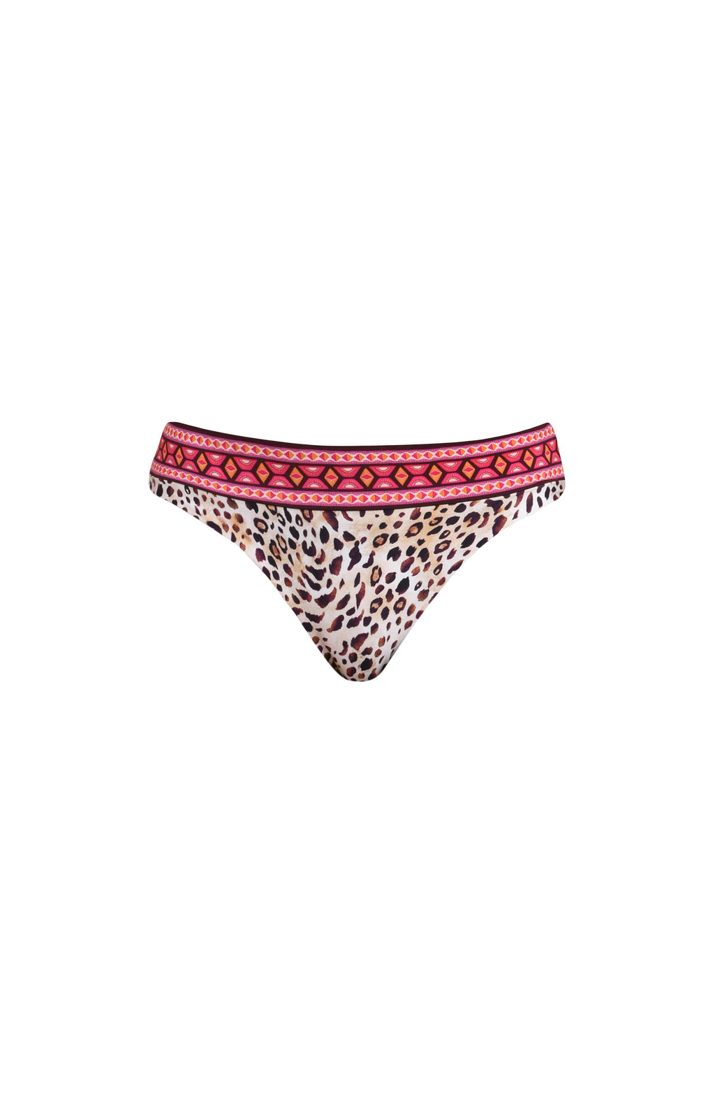 Leopard print bikini bottom with pink waistband on a white background