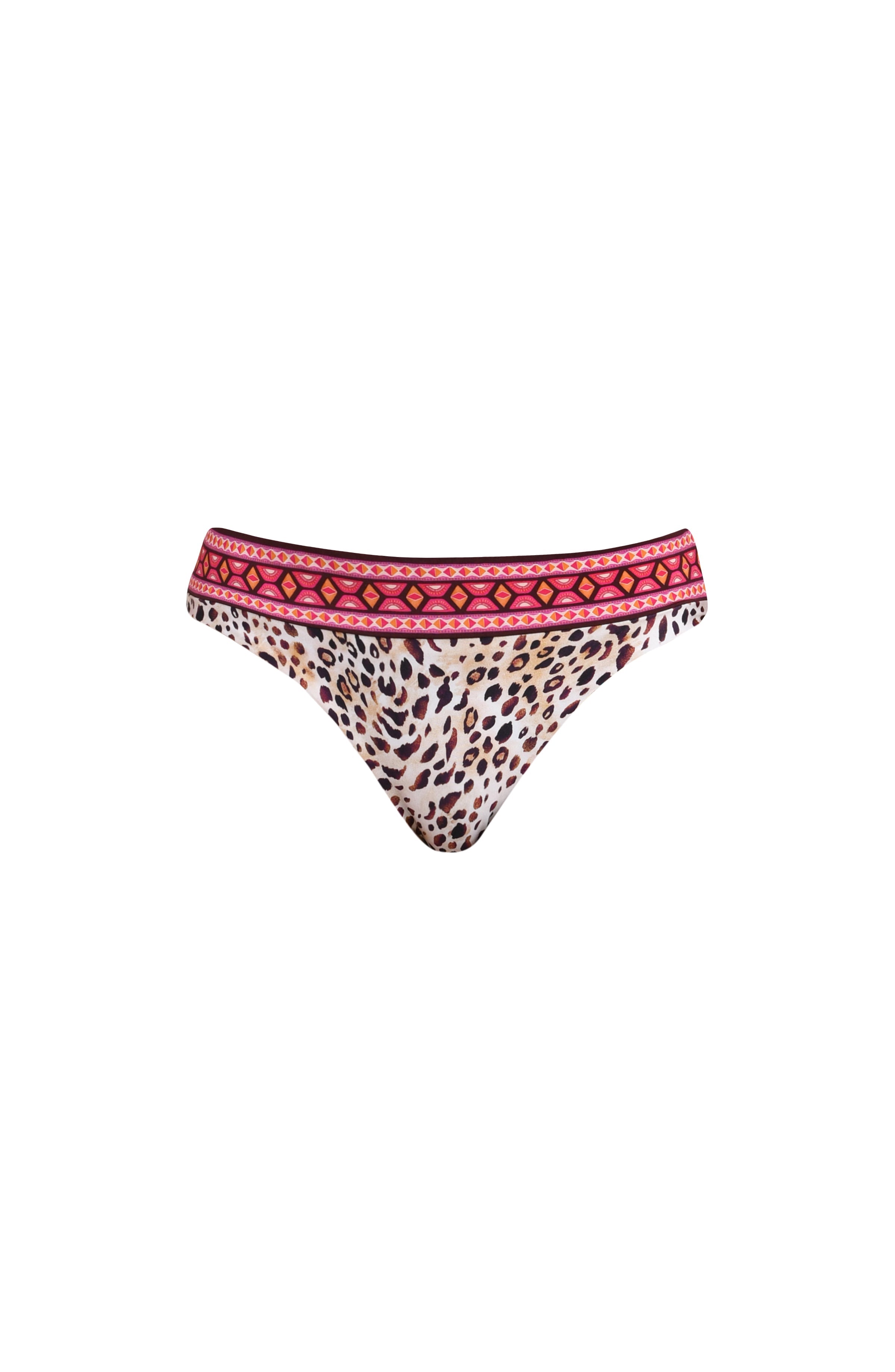 Leopard print bikini bottom with pink waistband on a white background
