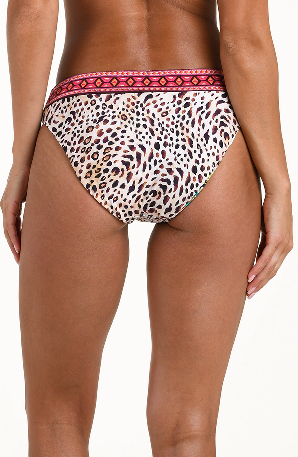 Leopard print bikini bottom with pink waistband on a white background