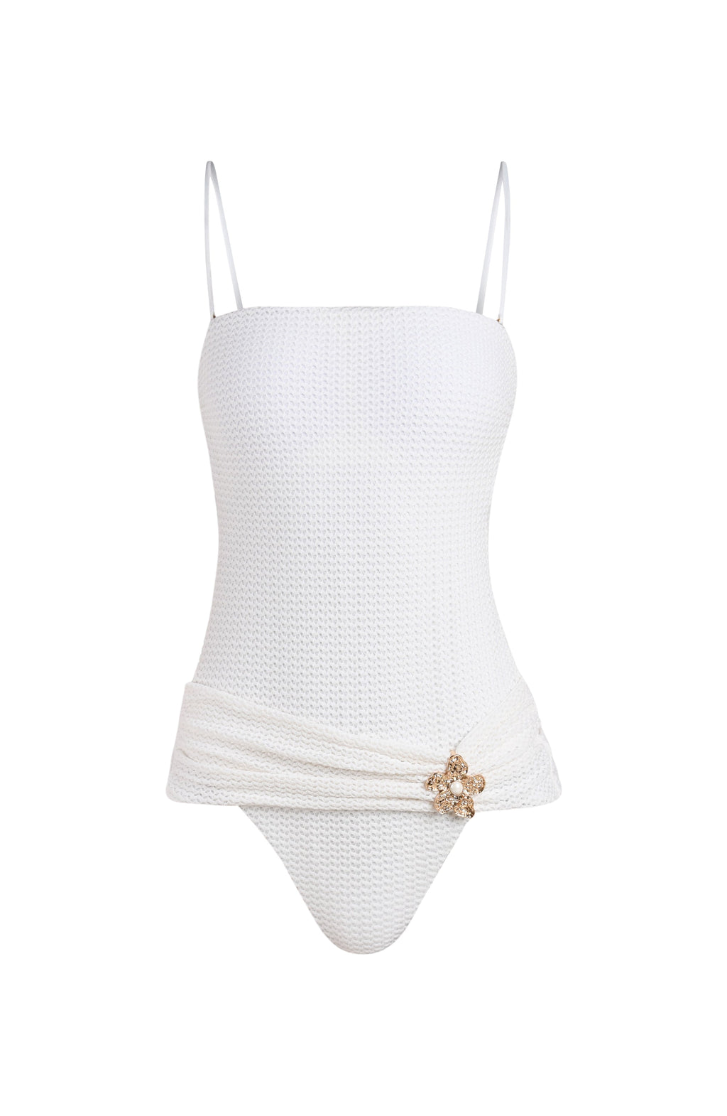 White textured swimsuit with a floral detail on a white background