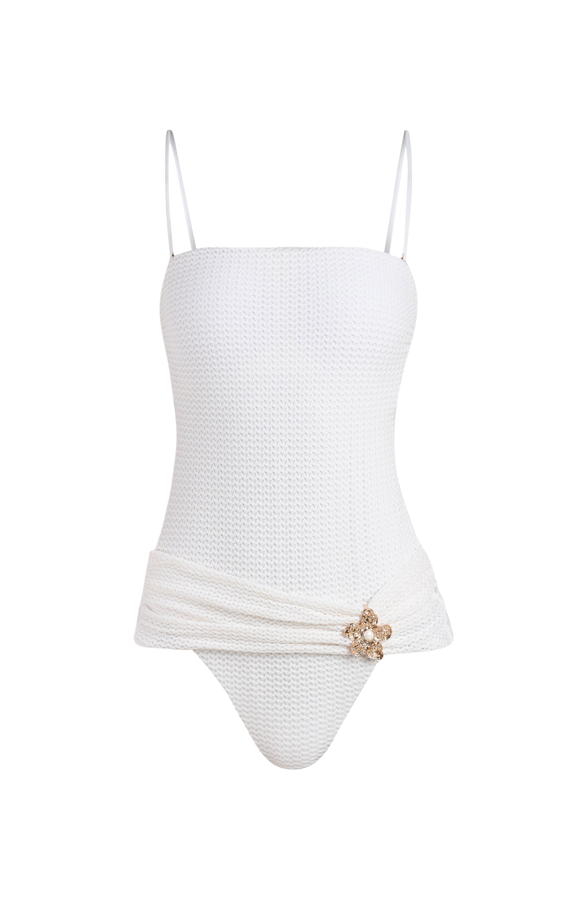 White textured swimsuit with a floral detail on a white background