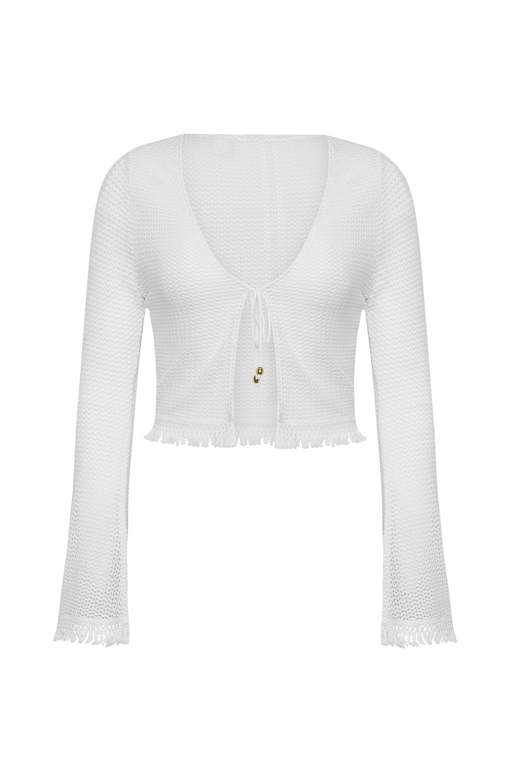 White knit cardigan with fringe details on a white background