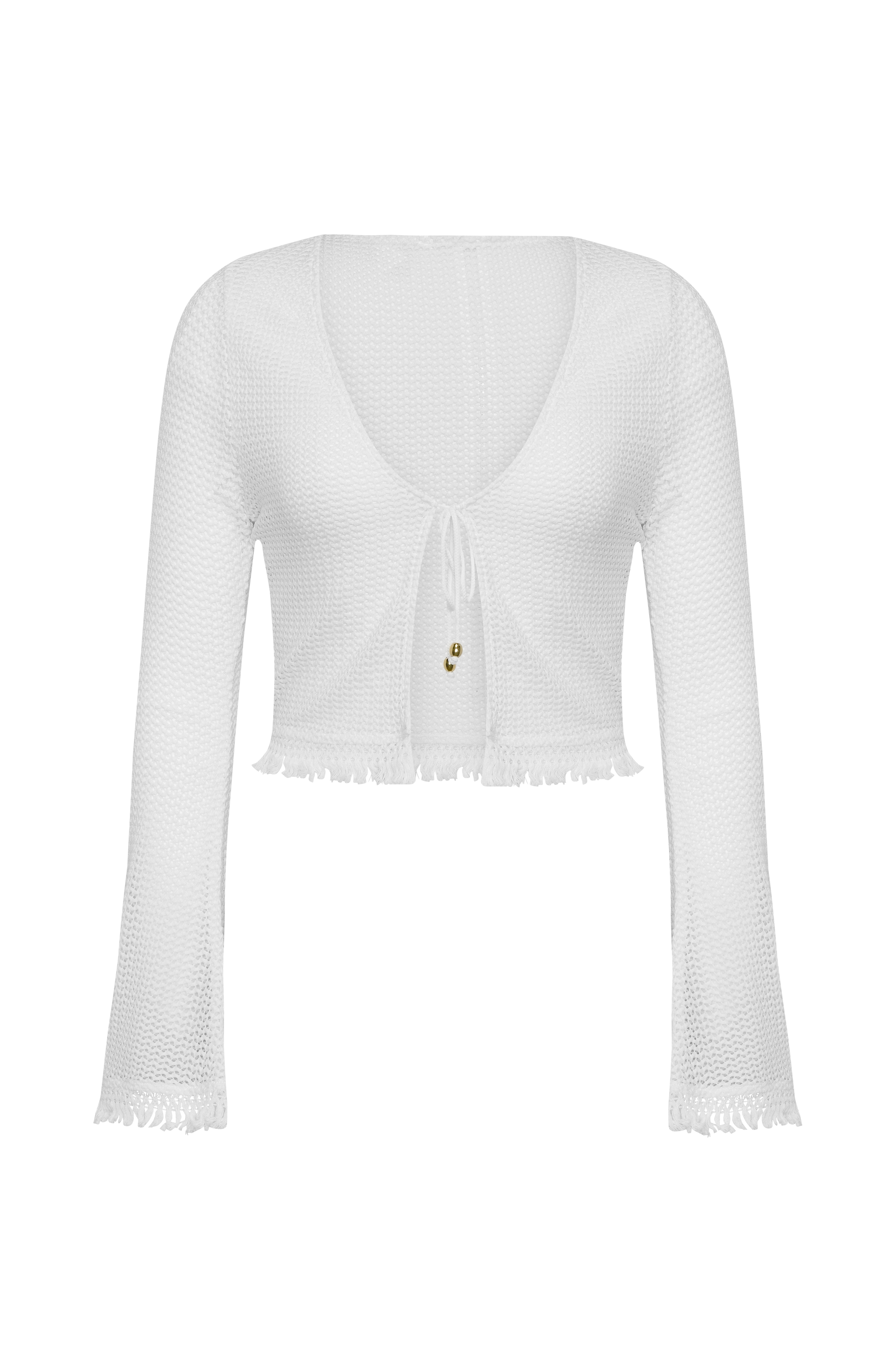White knit cardigan with fringe details on a white background