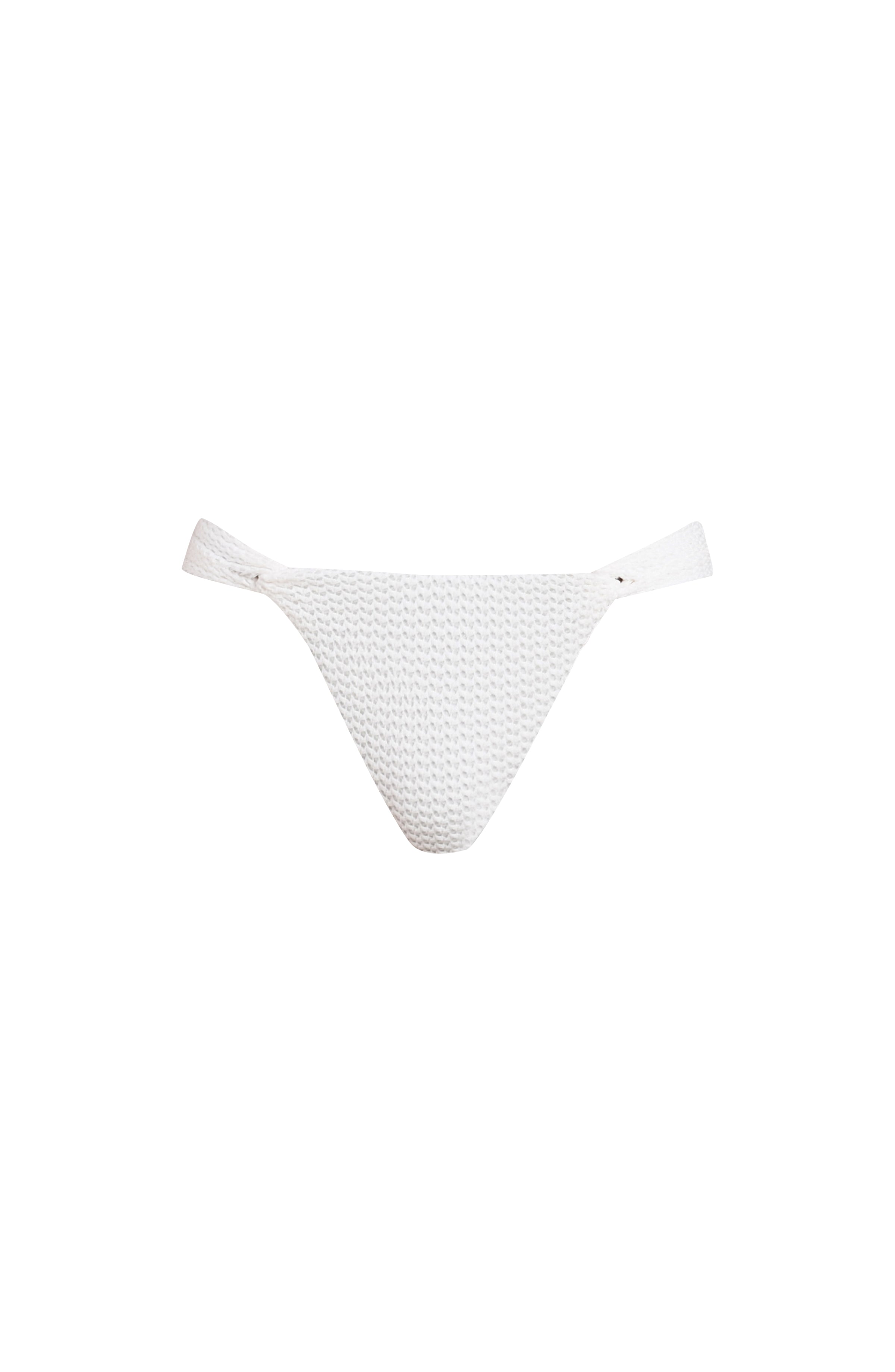 White bikini bottom with small pattern on a white background