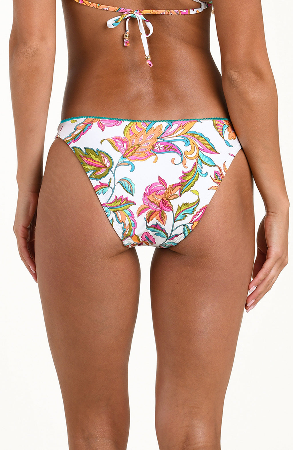 Colorful floral-patterned bikini bottom on a white background