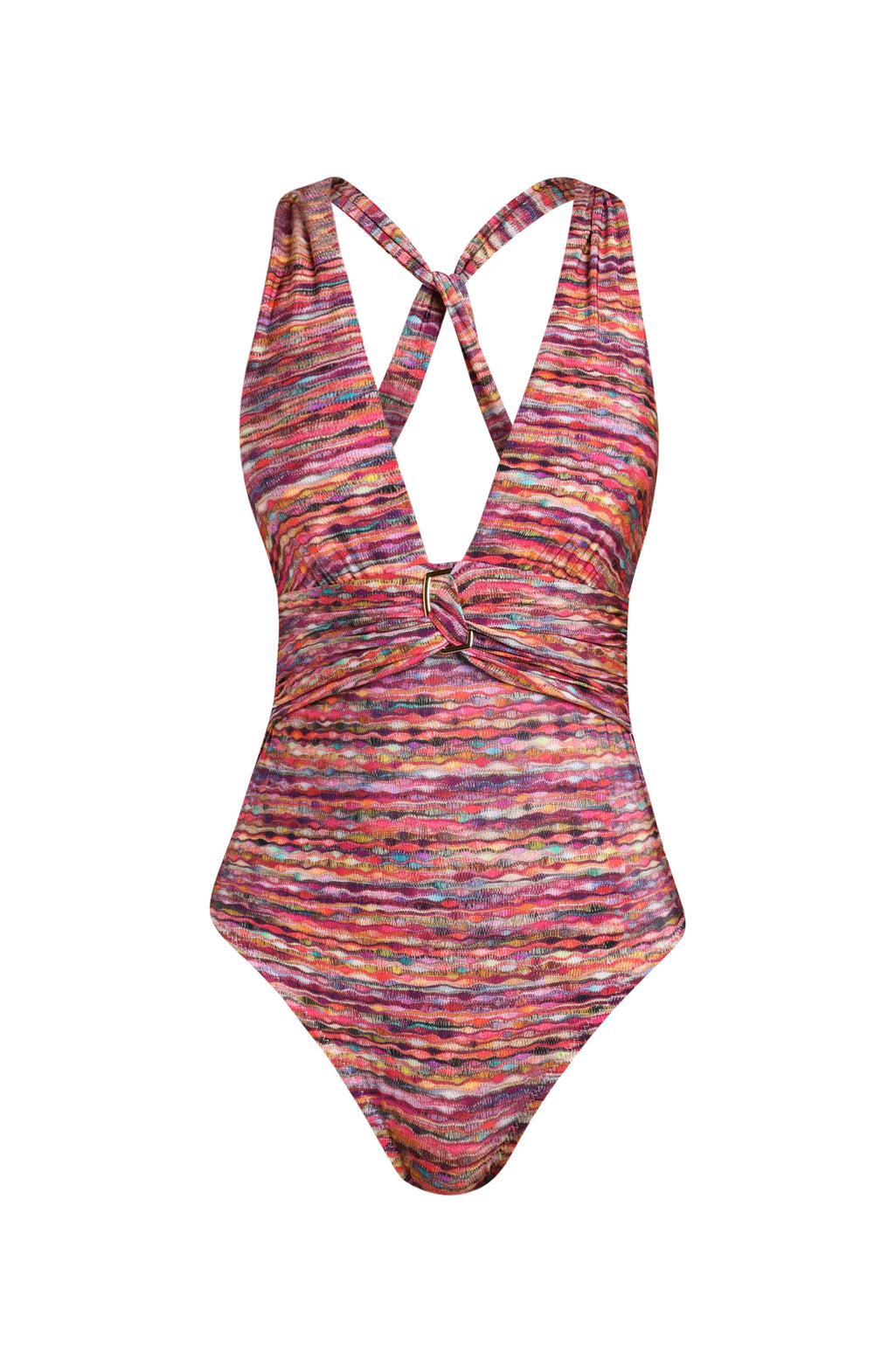 Floating image of a one-piece swimsuit with a plunging neckline, ruched center ring detail, and a multicolored ripple pattern.