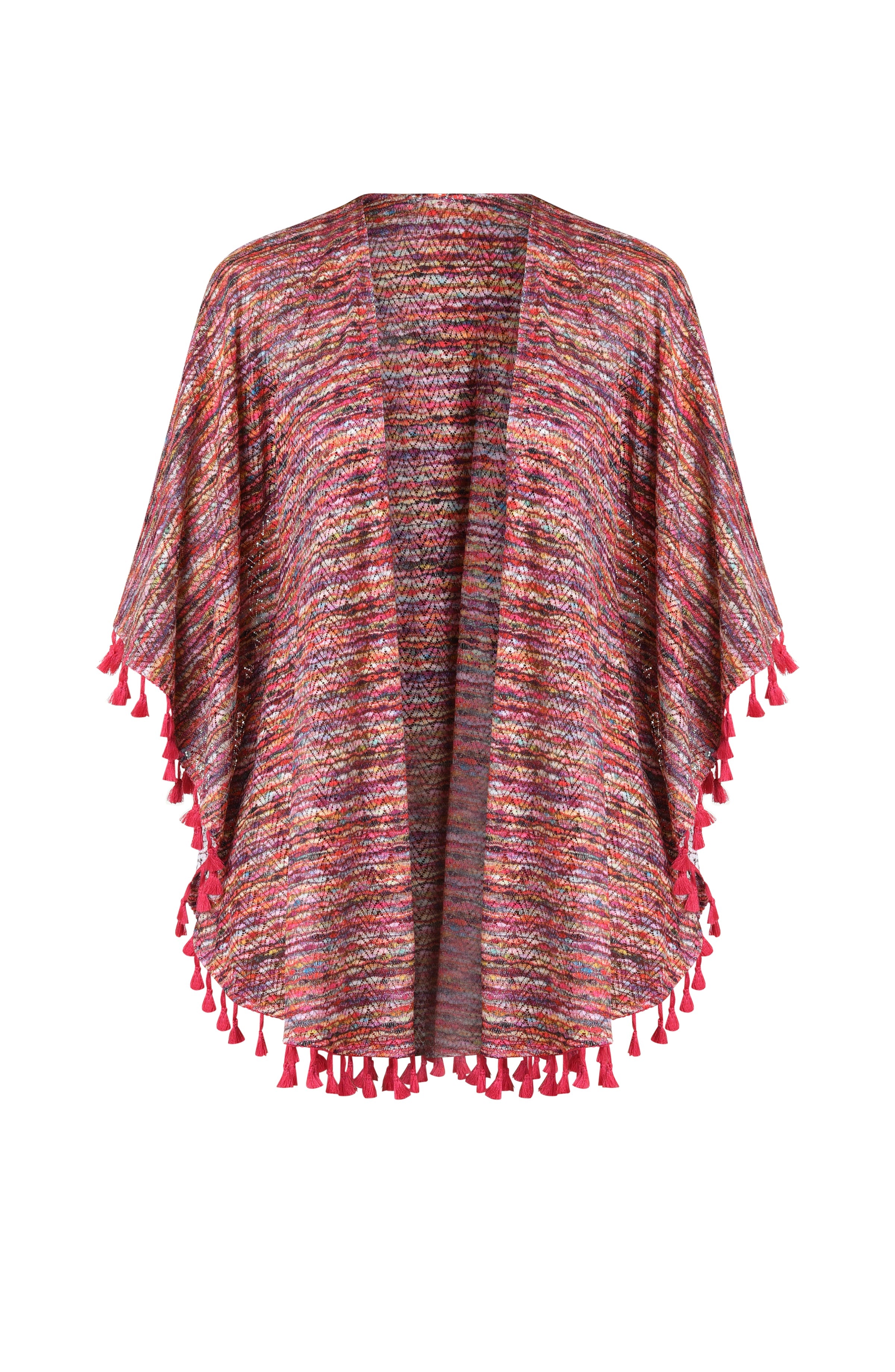 Floating image of an open front kimono cover up with three quarter sleeves and tassel trim featuring a multicolored ripple print.