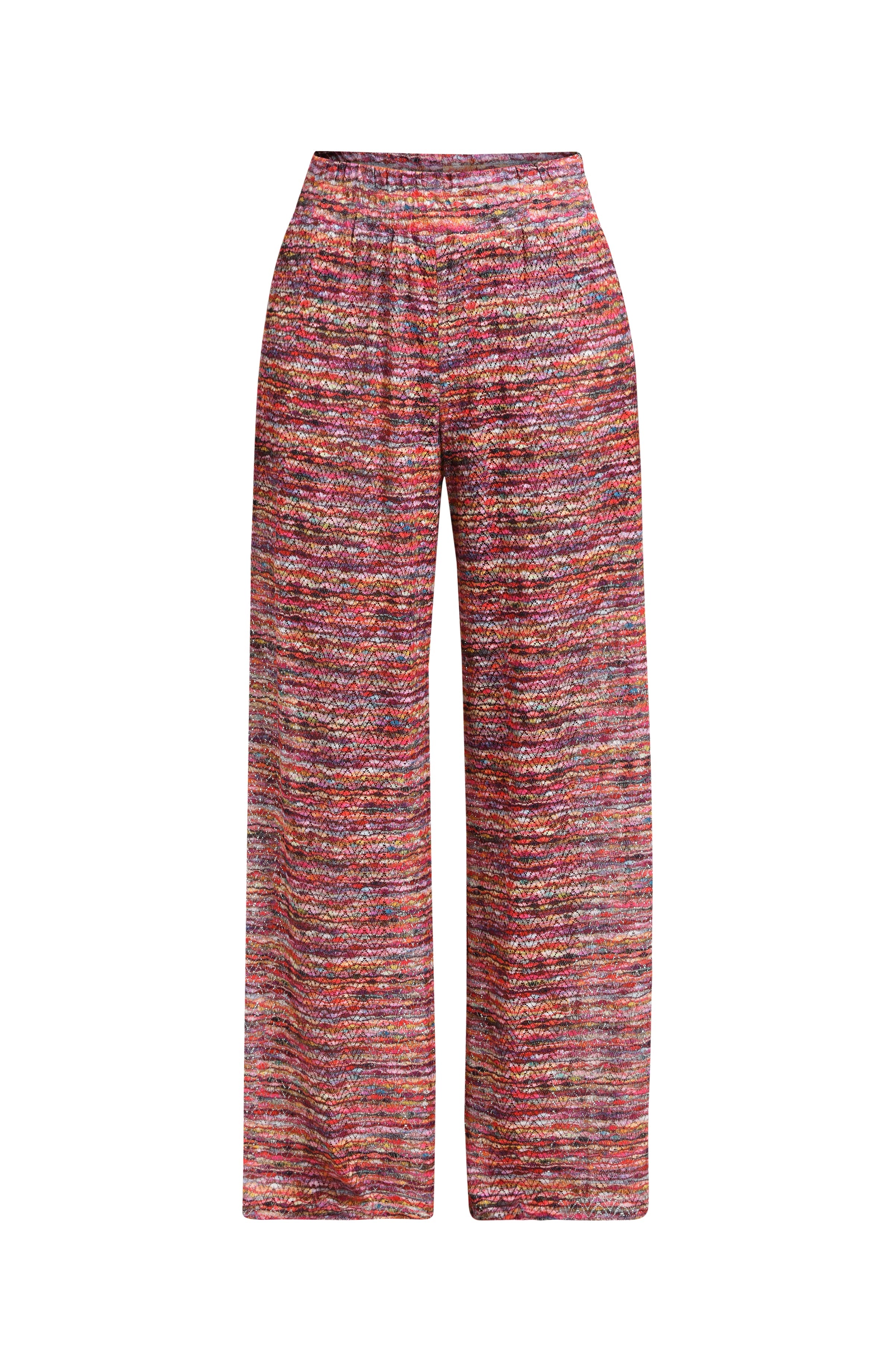 Floating image of long beach pants in a multicolored ripple pattern featuring an elastic waist. 