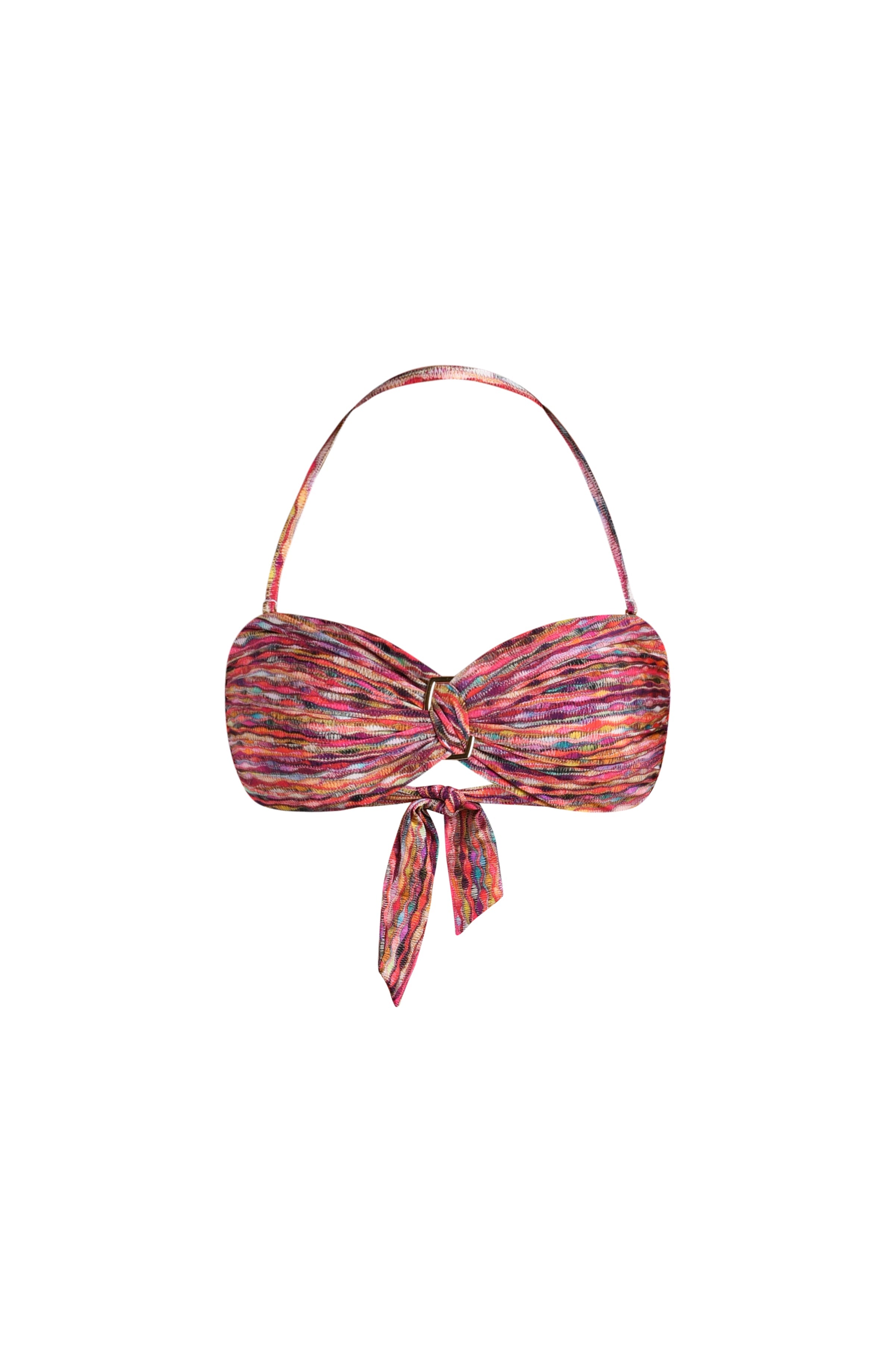 Floating image of a bandeau bikini top in a multicolored ripple pattern, featuring a ruched center with a ring detail and removable halter strap.