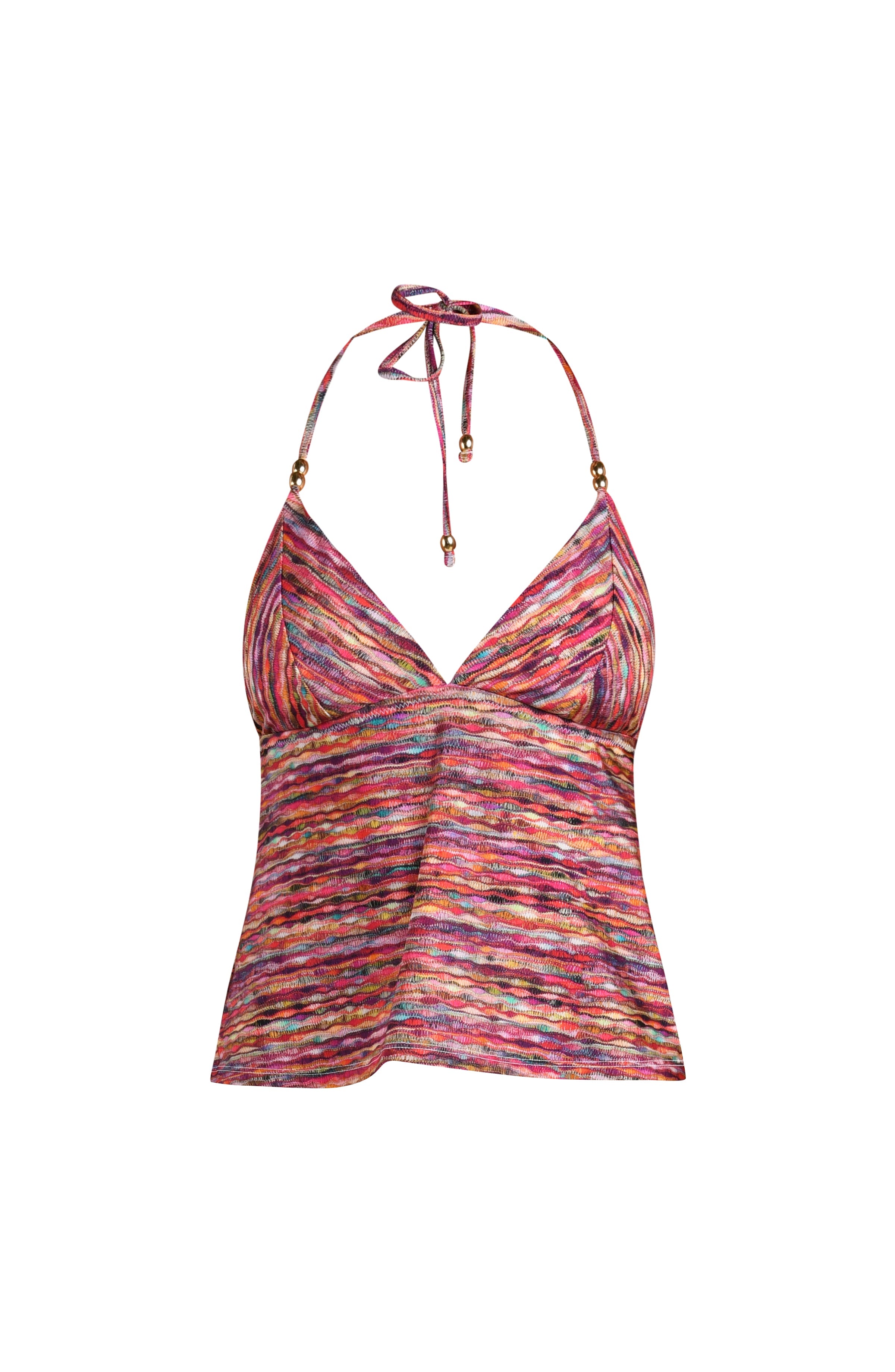 Floatinng image of a halter tankini top with triangle cups and a multicolored ripple pattern accented with gold hardware at the straps.