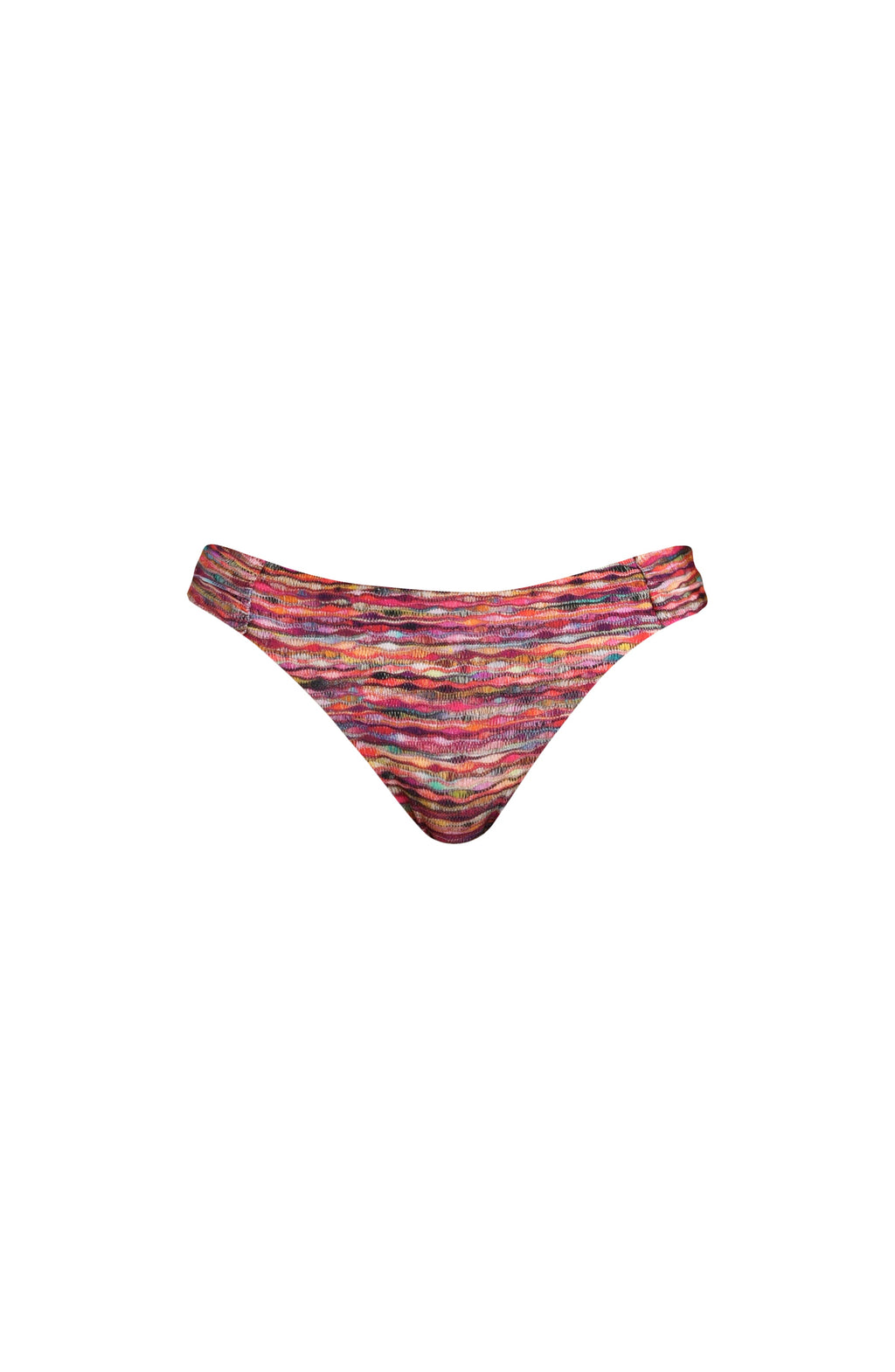 Floating image of hipster bikini bottoms with side shirring and moderate rear coverage, in a multicolored ripple pattern.
