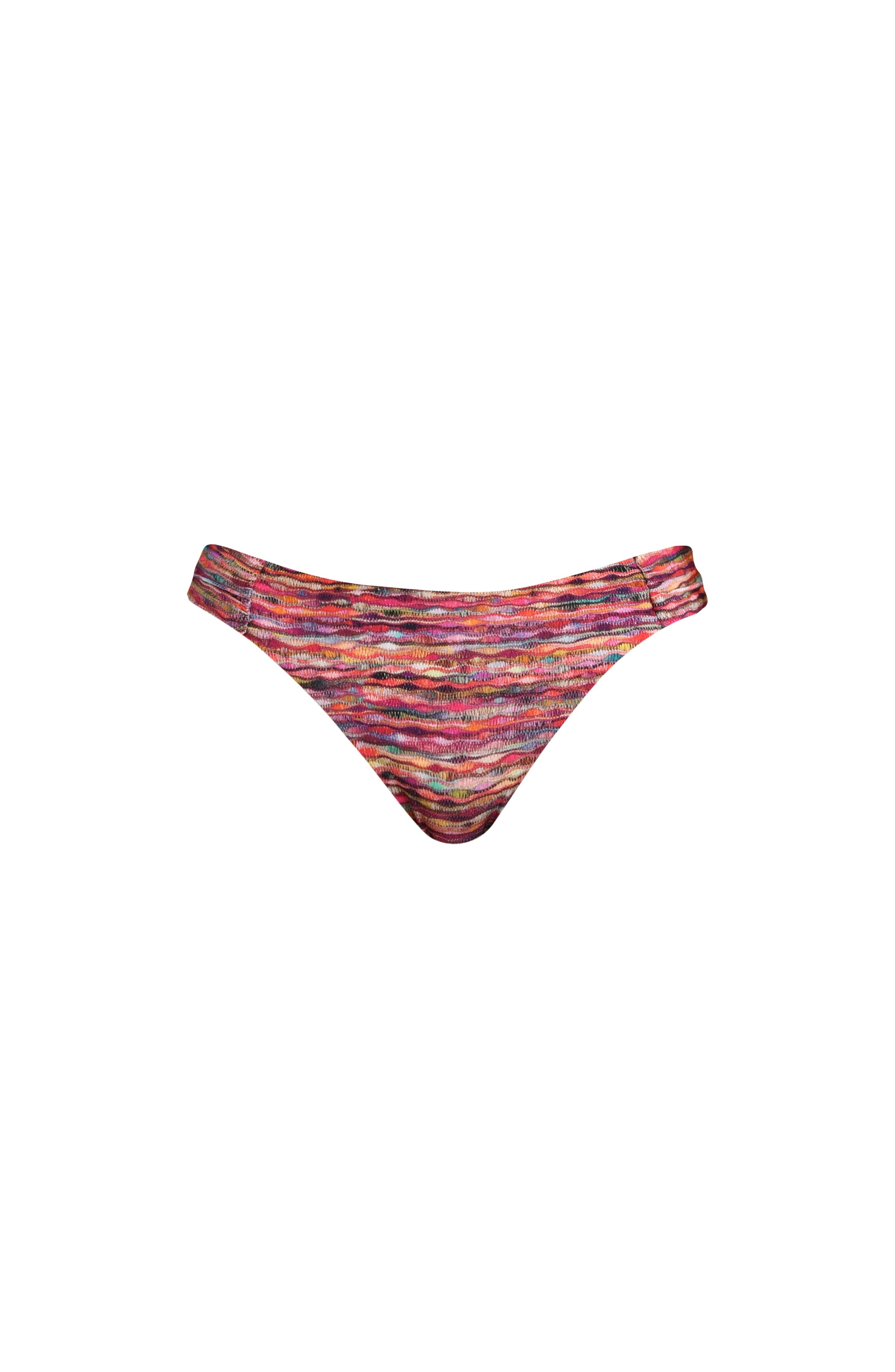 Floating image of hipster bikini bottoms with side shirring and moderate rear coverage, in a multicolored ripple pattern.