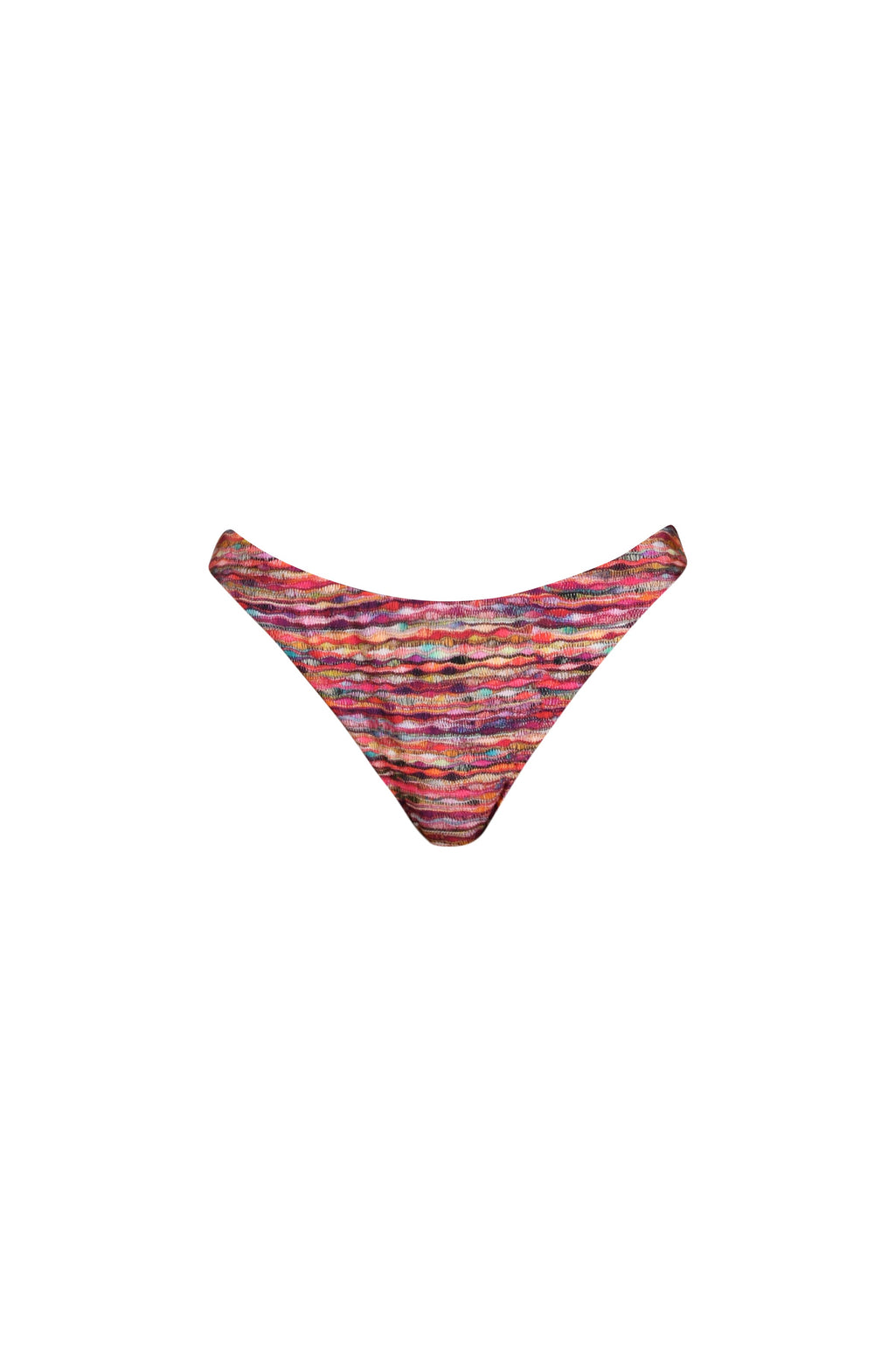 Floating image of a french cut bikini bottom with contemporary coverage in a multicolored ripple pattern.