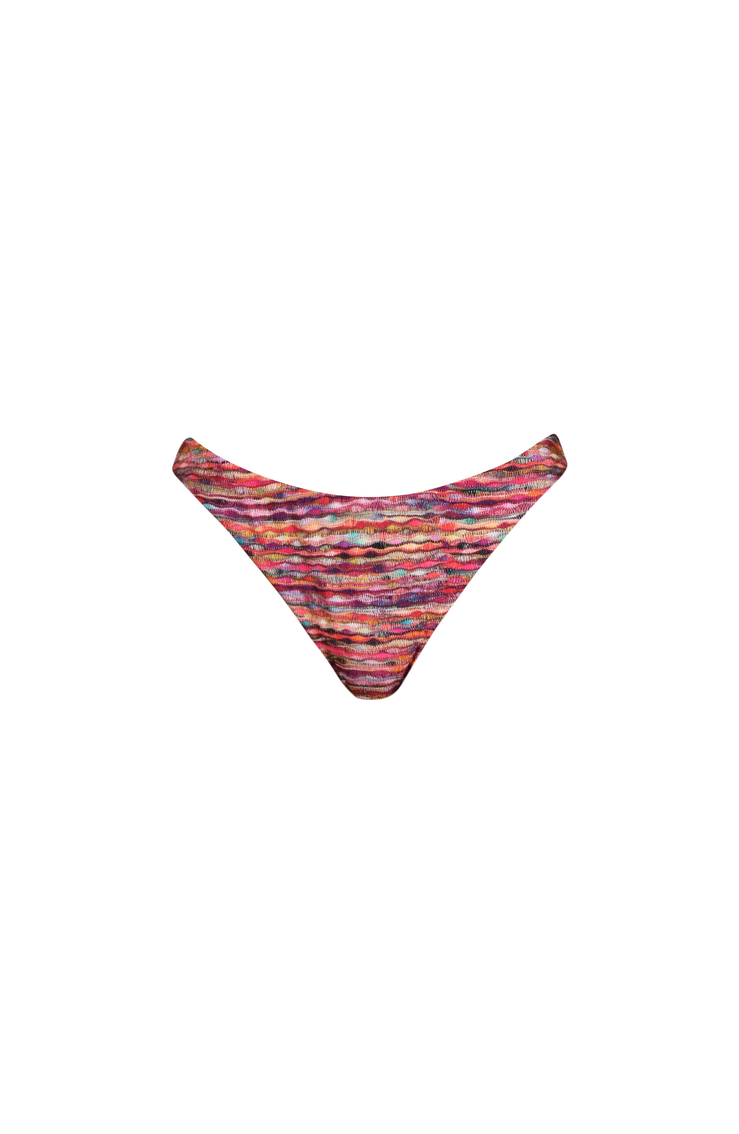 Floating image of a french cut bikini bottom with contemporary coverage in a multicolored ripple pattern.